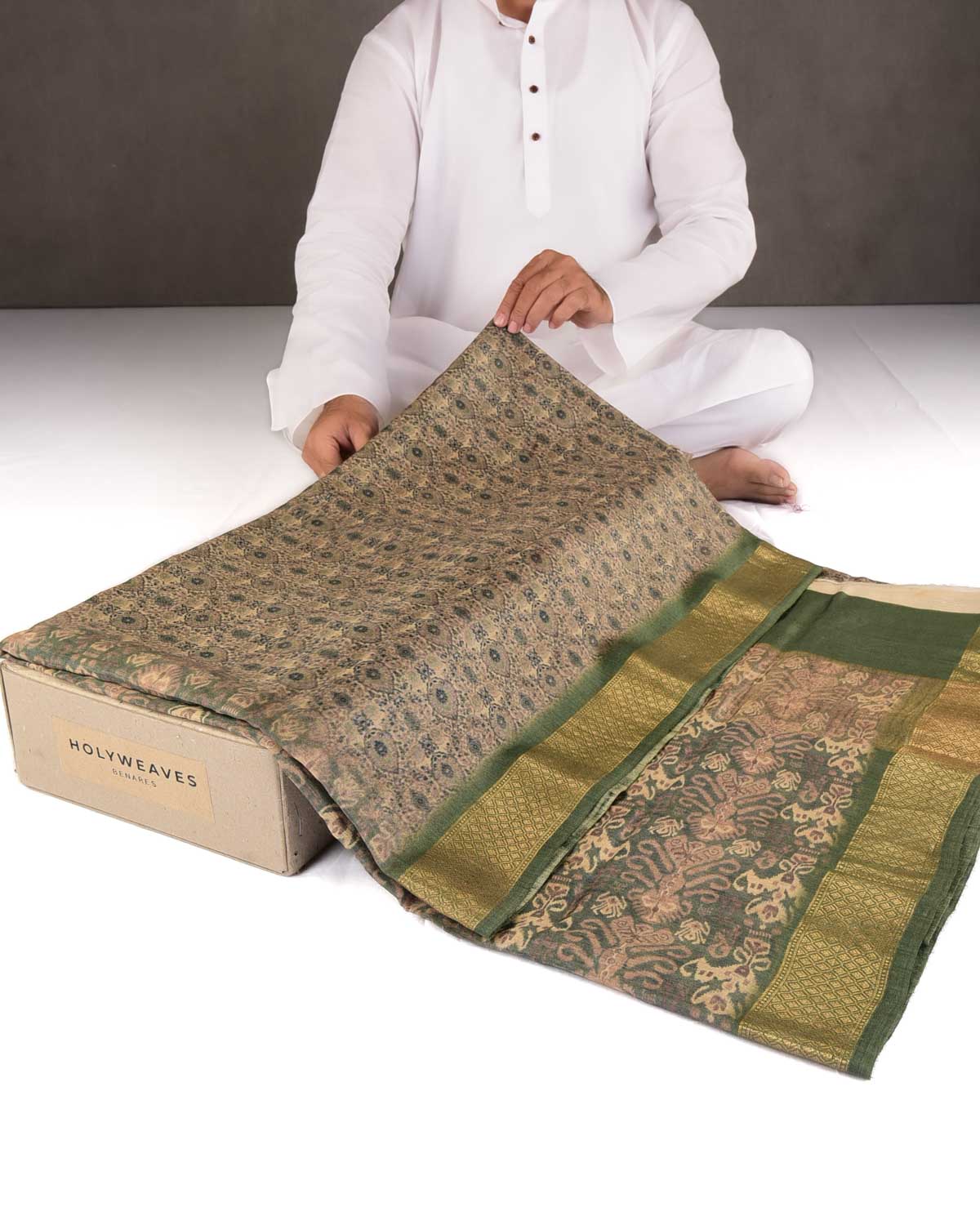 Muted Green Traditional Floral Printed Muga Silk Saree with Brocade Border