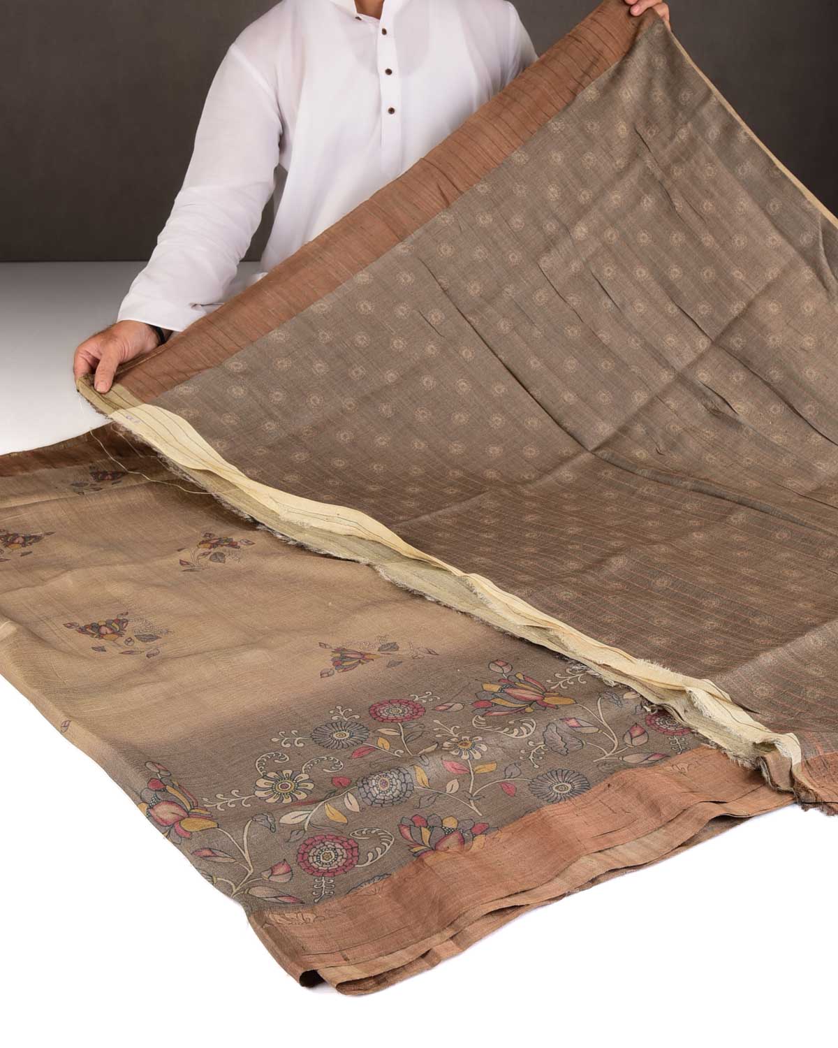 Gray Brown Floral Printed Tasar Silk Saree with Tissue Border