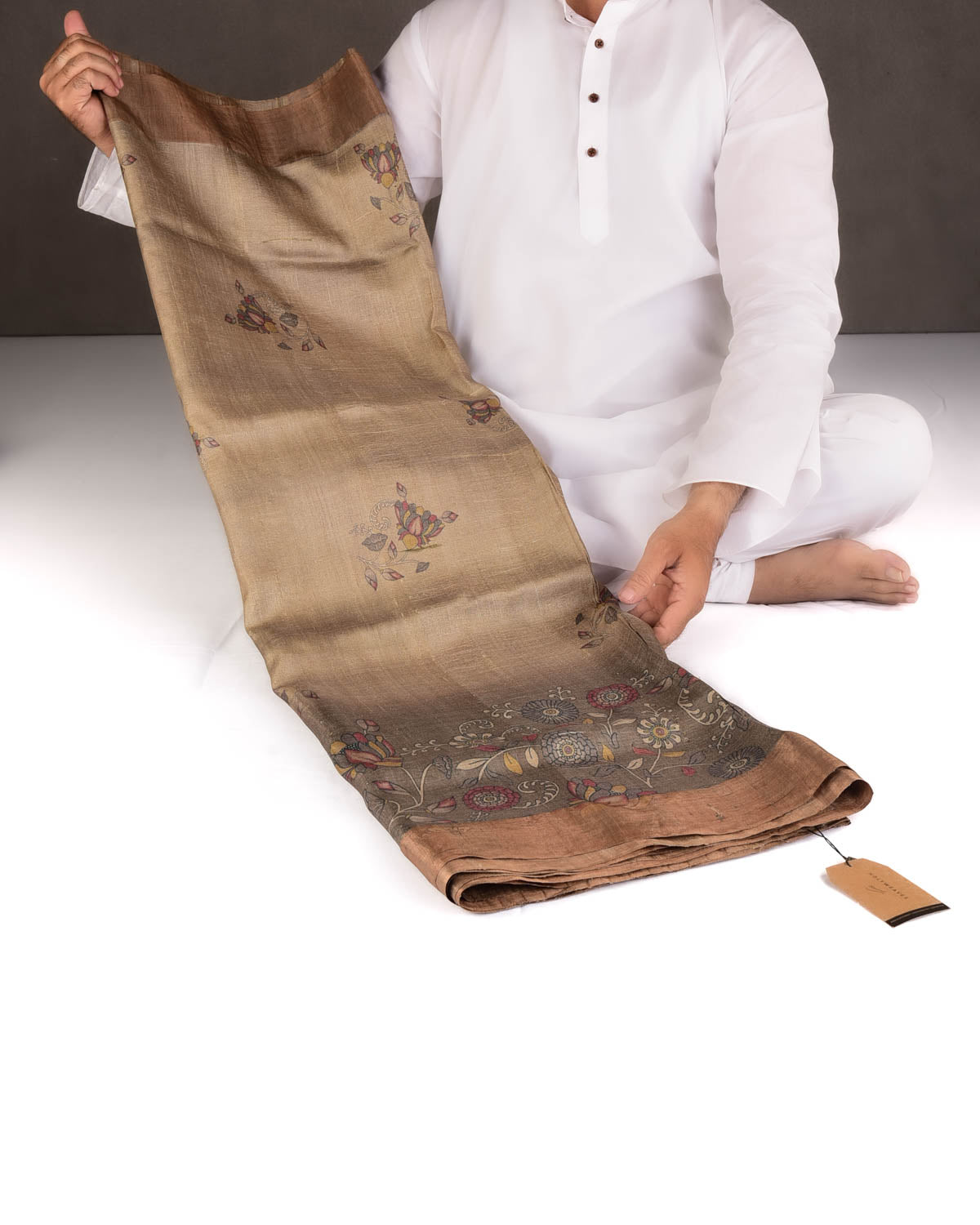 Gray Brown Floral Printed Tasar Silk Saree with Tissue Border