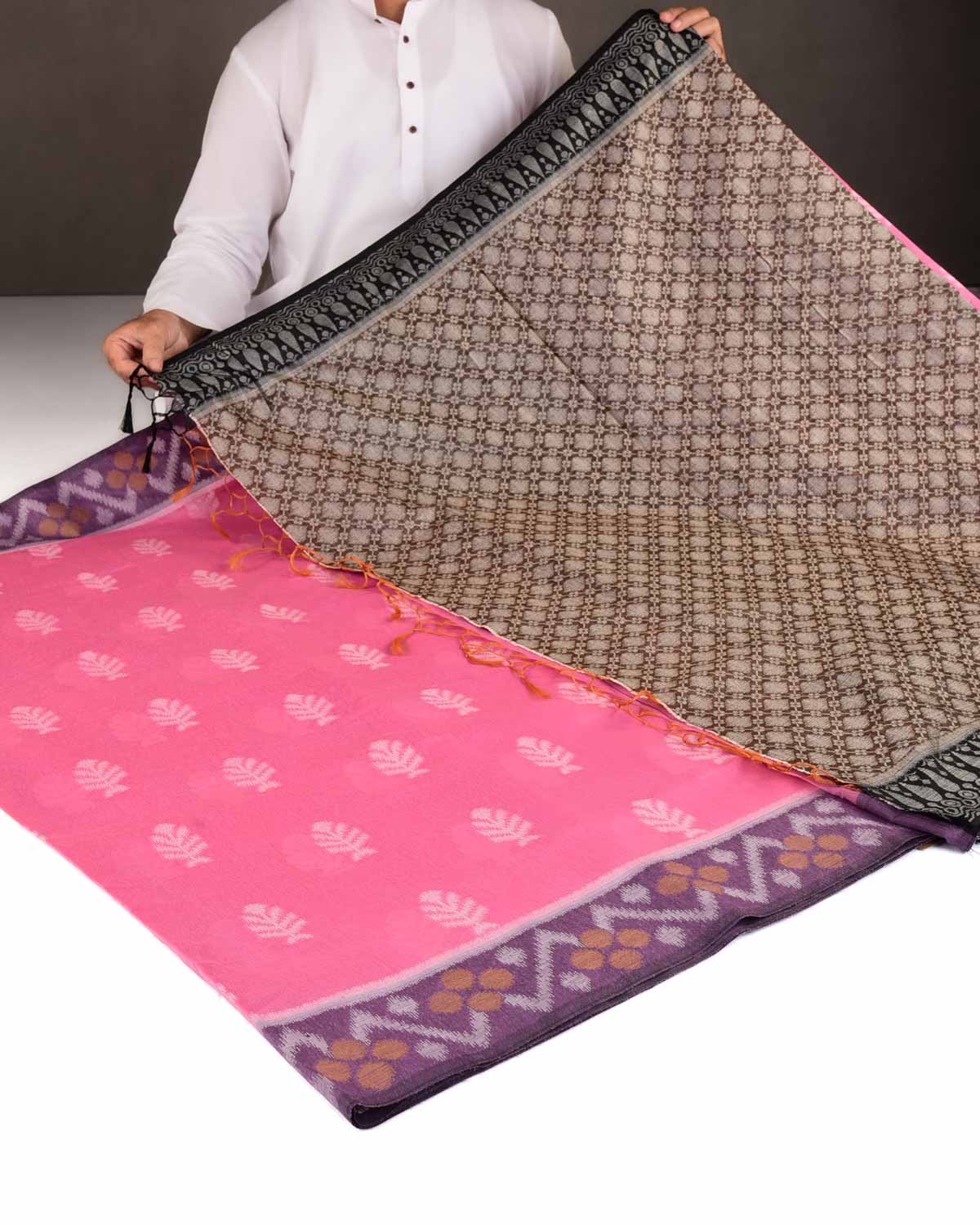 Pink Ikat Style Resham Brocade Woven Art Cotton Silk Banarasi Saree