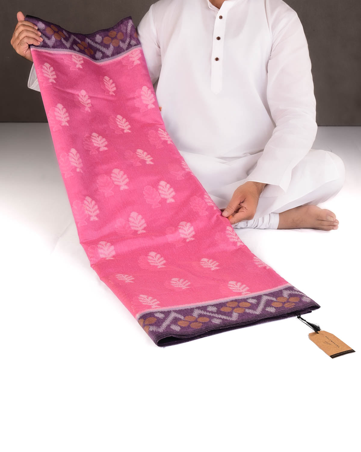 Pink Ikat Style Resham Brocade Woven Art Cotton Silk Banarasi Saree