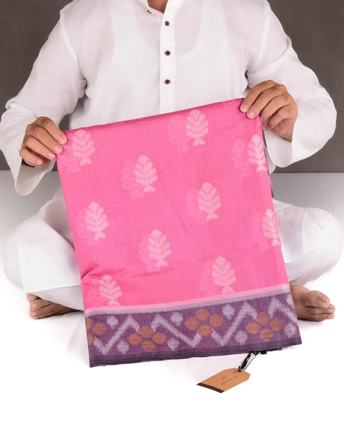 Pink Ikat Style Resham Brocade Woven Art Cotton Silk Banarasi Saree