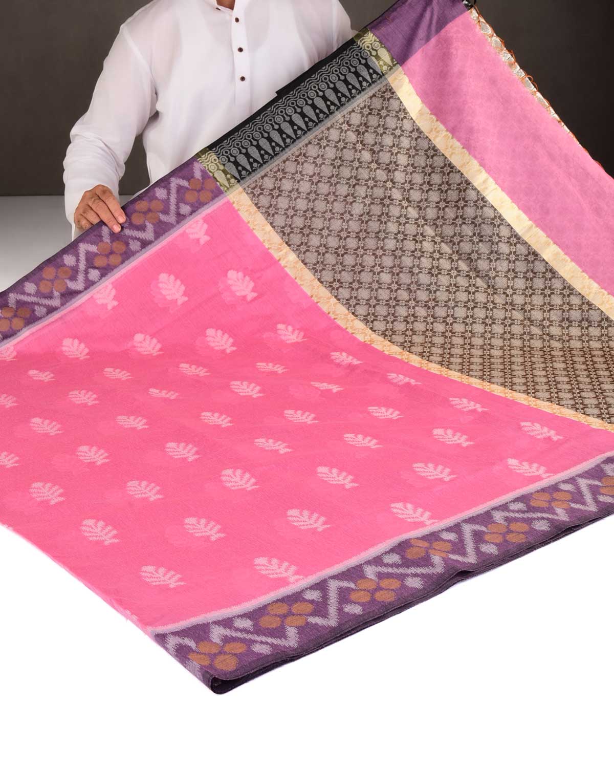 Pink Ikat Style Resham Brocade Woven Art Cotton Silk Banarasi Saree