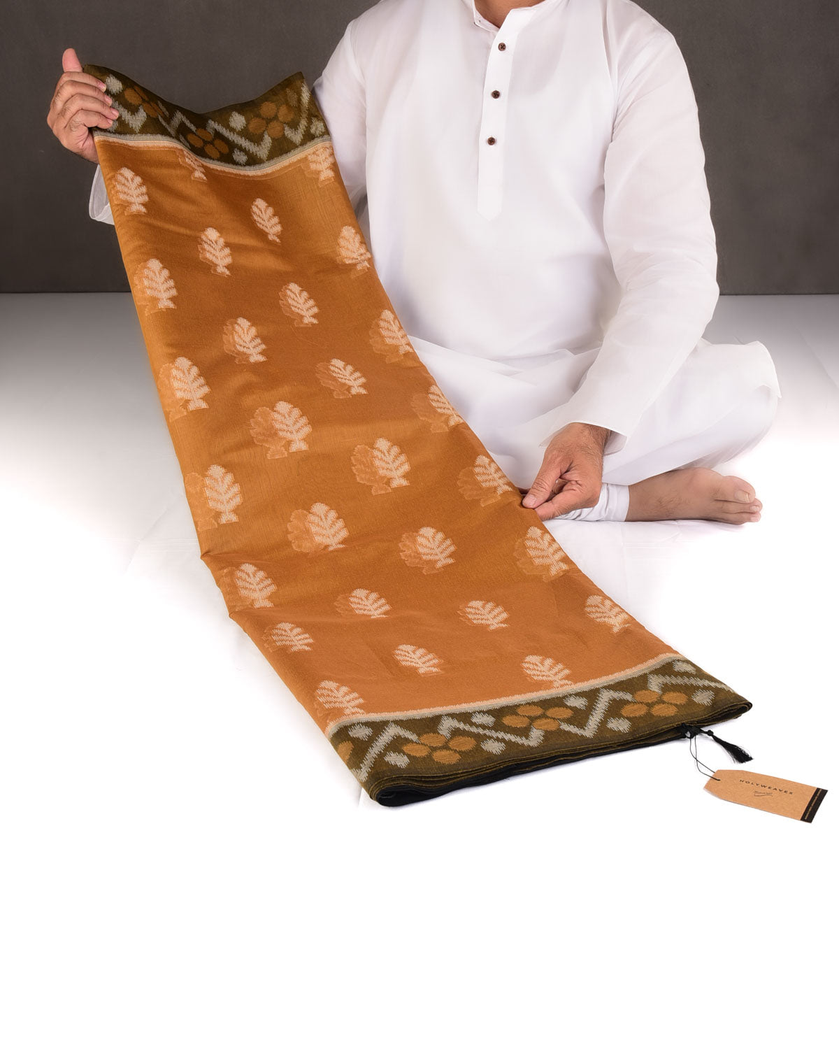 Mustard Yellow Ikat Style Resham Brocade Woven Art Cotton Silk Banarasi Saree