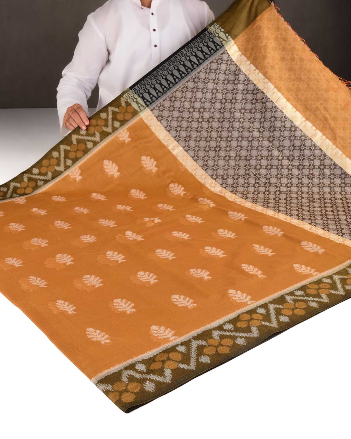 Mustard Yellow Ikat Style Resham Brocade Woven Art Cotton Silk Banarasi Saree