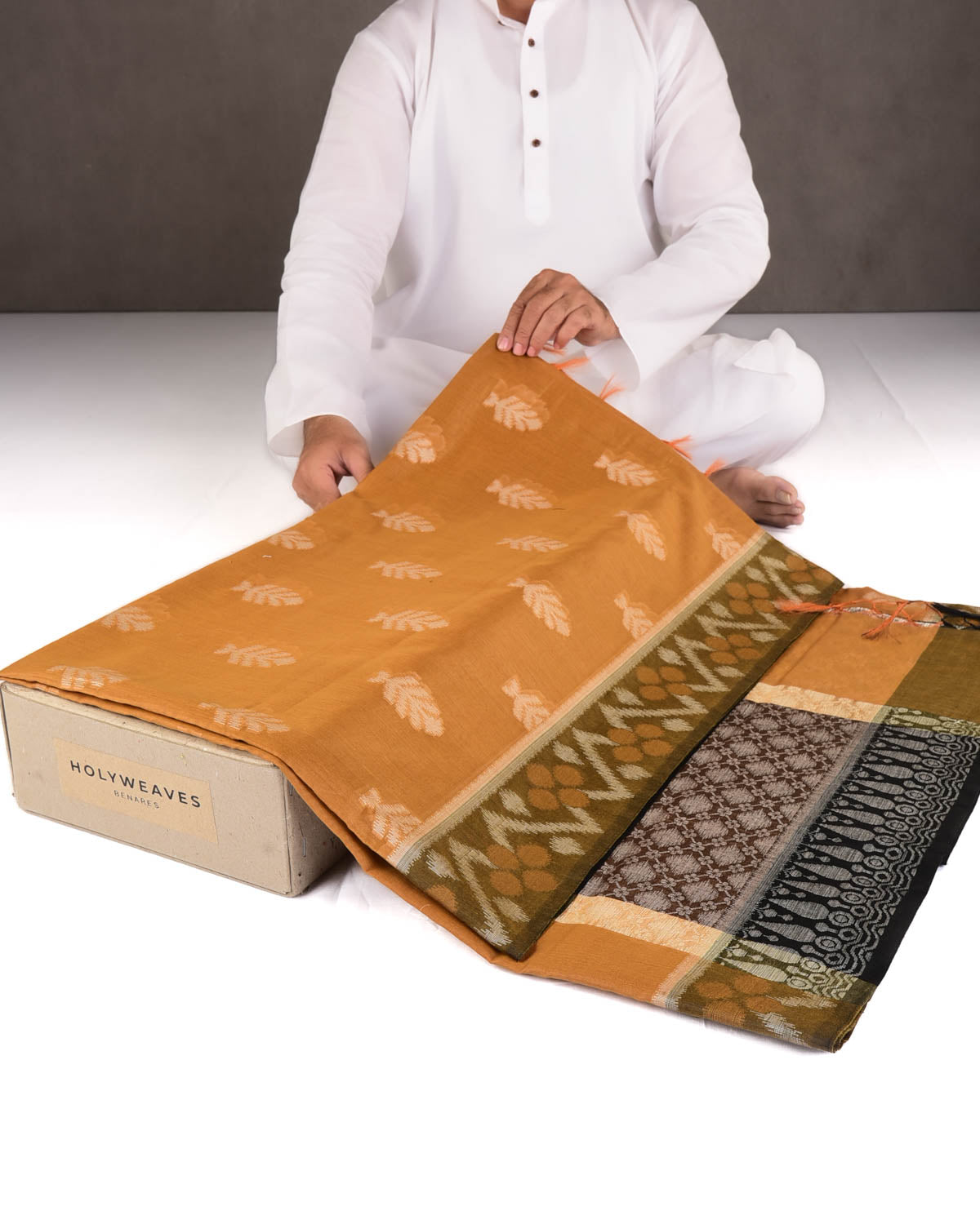 Mustard Yellow Ikat Style Resham Brocade Woven Art Cotton Silk Banarasi Saree