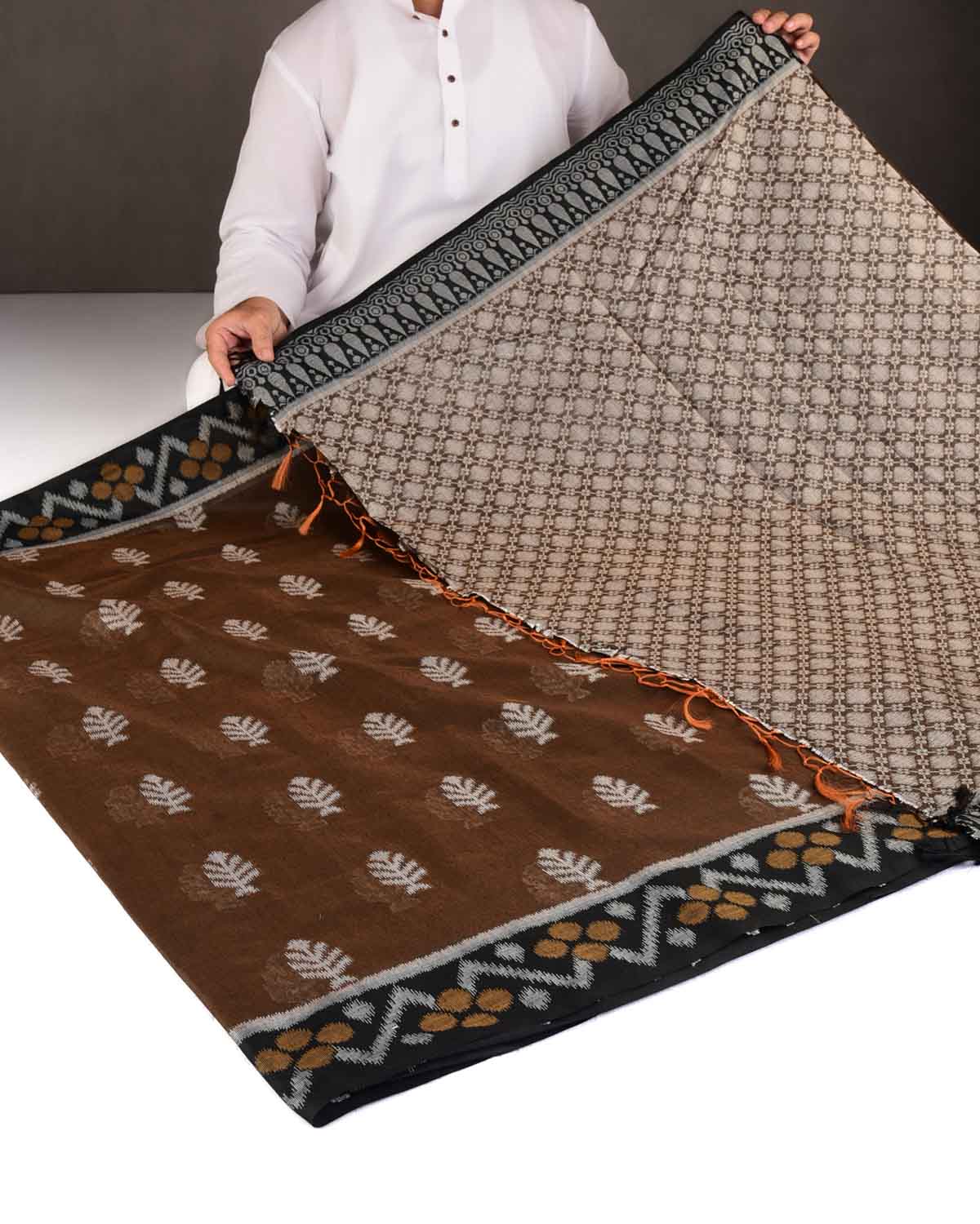 Brown Ikat Style Resham Brocade Woven Art Cotton Silk Banarasi Saree