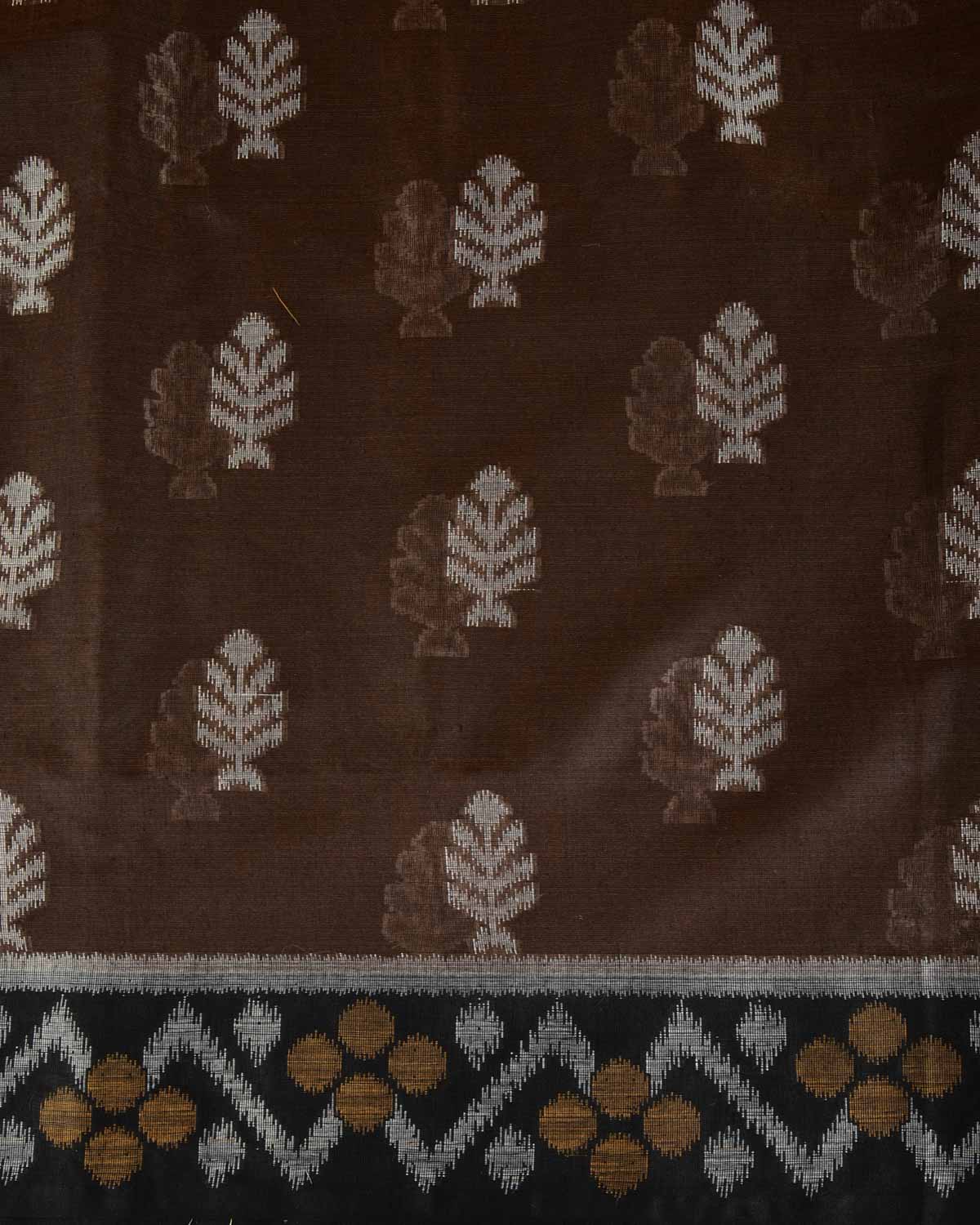 Brown Ikat Style Resham Brocade Woven Art Cotton Silk Banarasi Saree