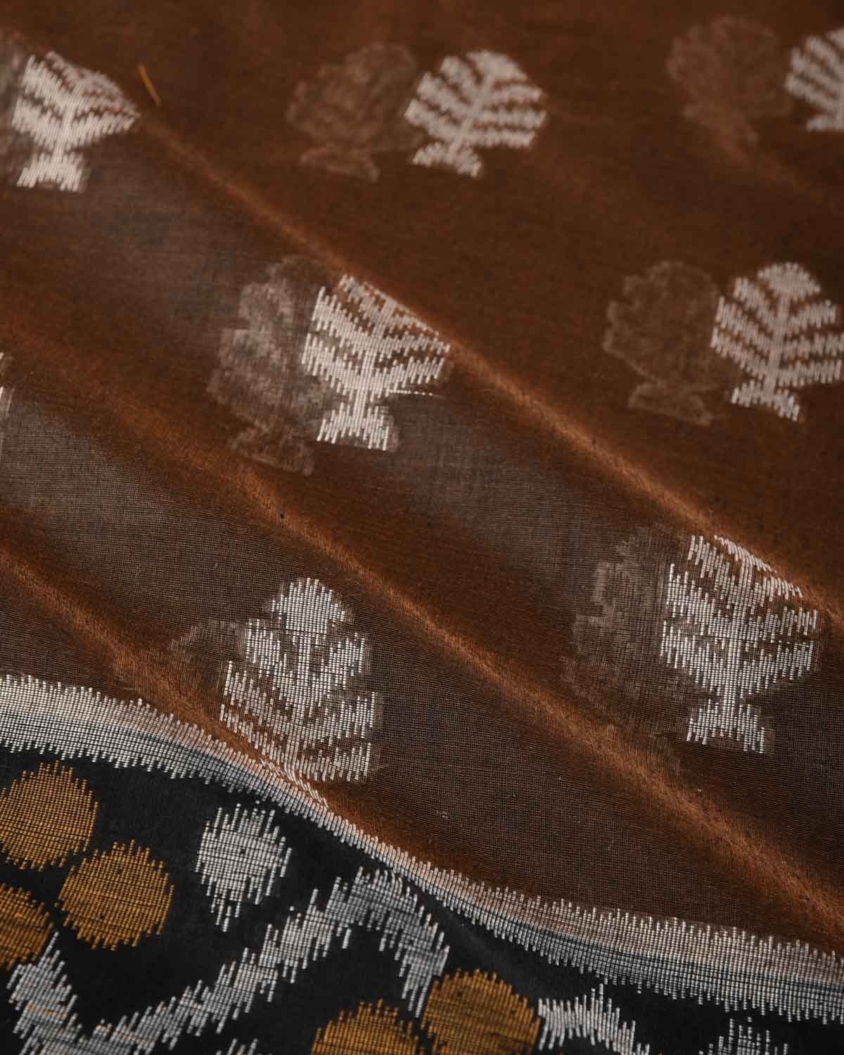 Brown Ikat Style Resham Brocade Woven Art Cotton Silk Banarasi Saree