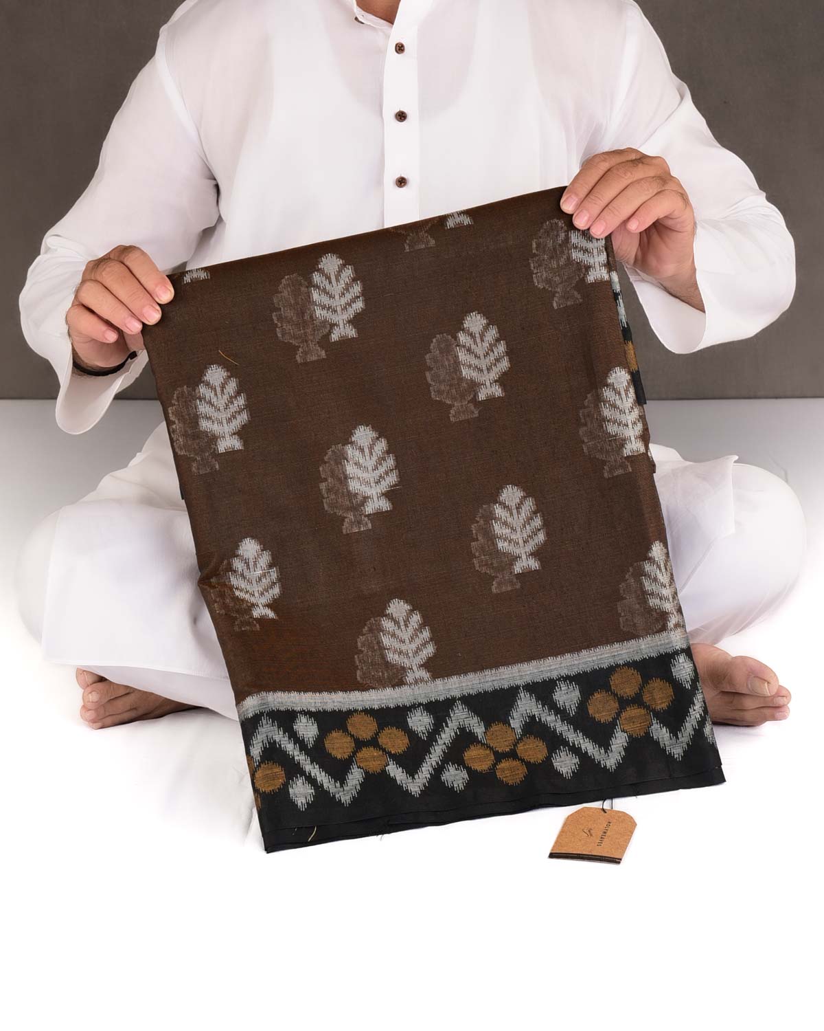 Brown Ikat Style Resham Brocade Woven Art Cotton Silk Banarasi Saree