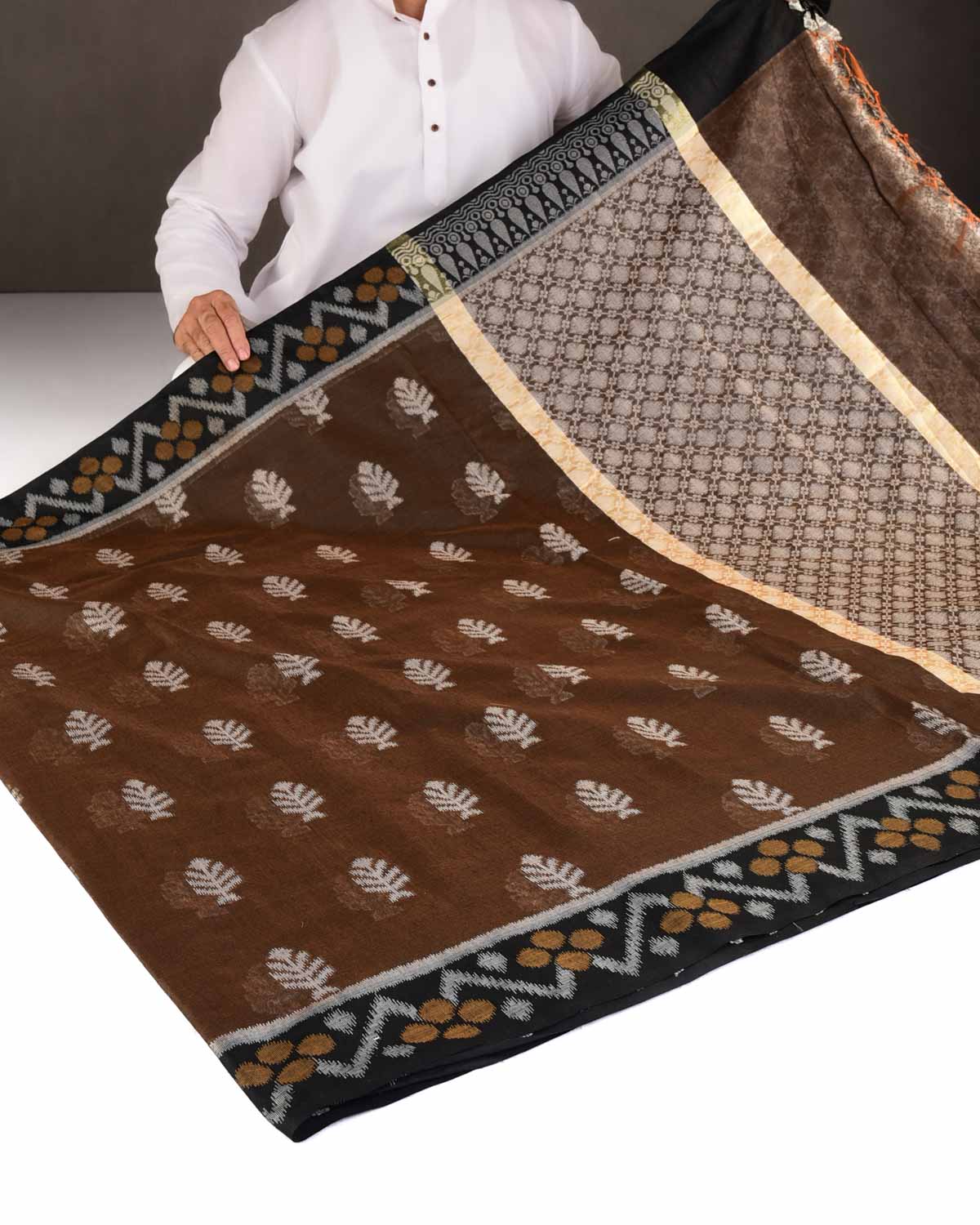 Brown Ikat Style Resham Brocade Woven Art Cotton Silk Banarasi Saree