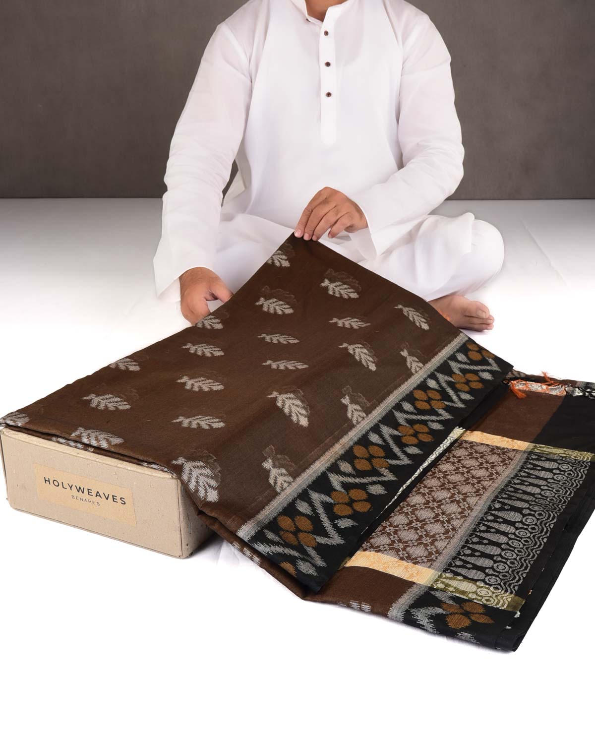 Brown Ikat Style Resham Brocade Woven Art Cotton Silk Banarasi Saree
