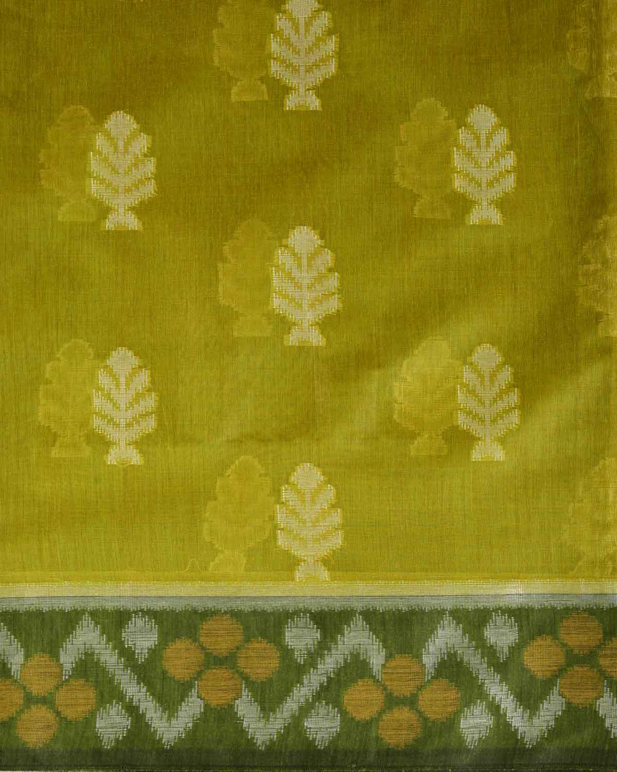 Green Ikat Style Resham Brocade Woven Art Cotton Silk Banarasi Saree