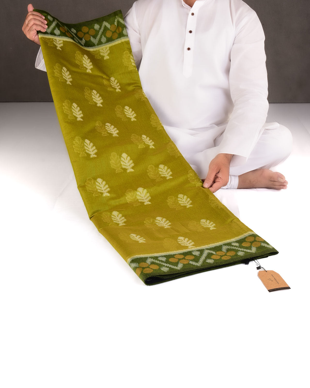 Green Ikat Style Resham Brocade Woven Art Cotton Silk Banarasi Saree