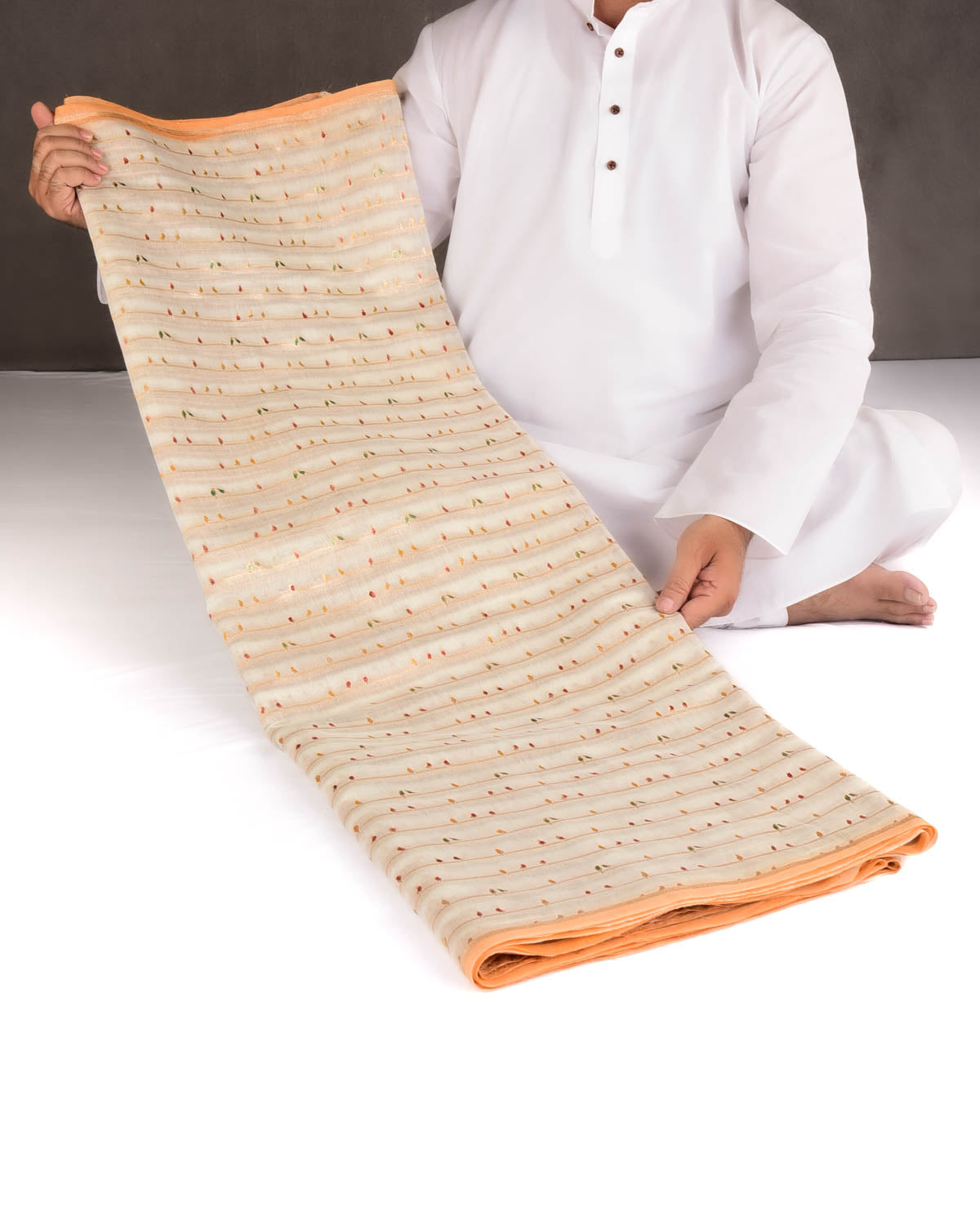 Ivory White Hand Brush Highlight Gold Zari Birds Cutwork Brocade Woven Cotton Silk Banarasi Saree
