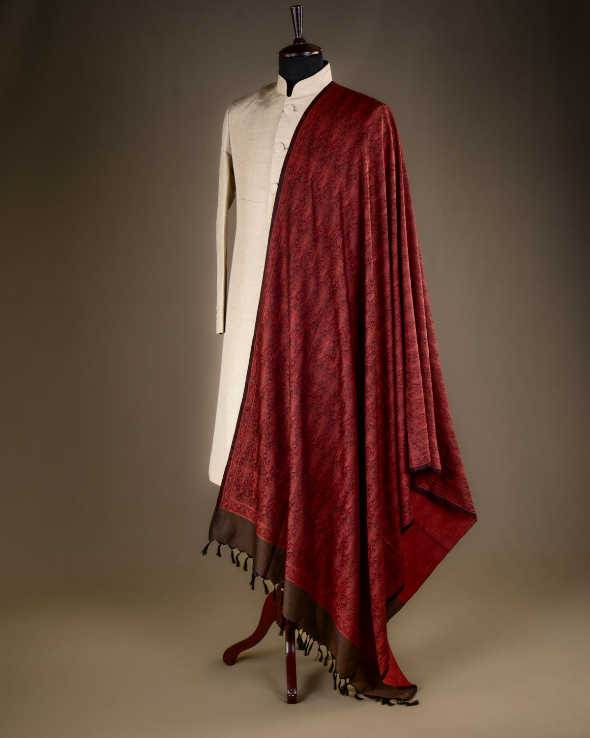 Olive & Maroon Banarasi Jamawar Handwoven Silk Wool Shawl-HolyWeaves