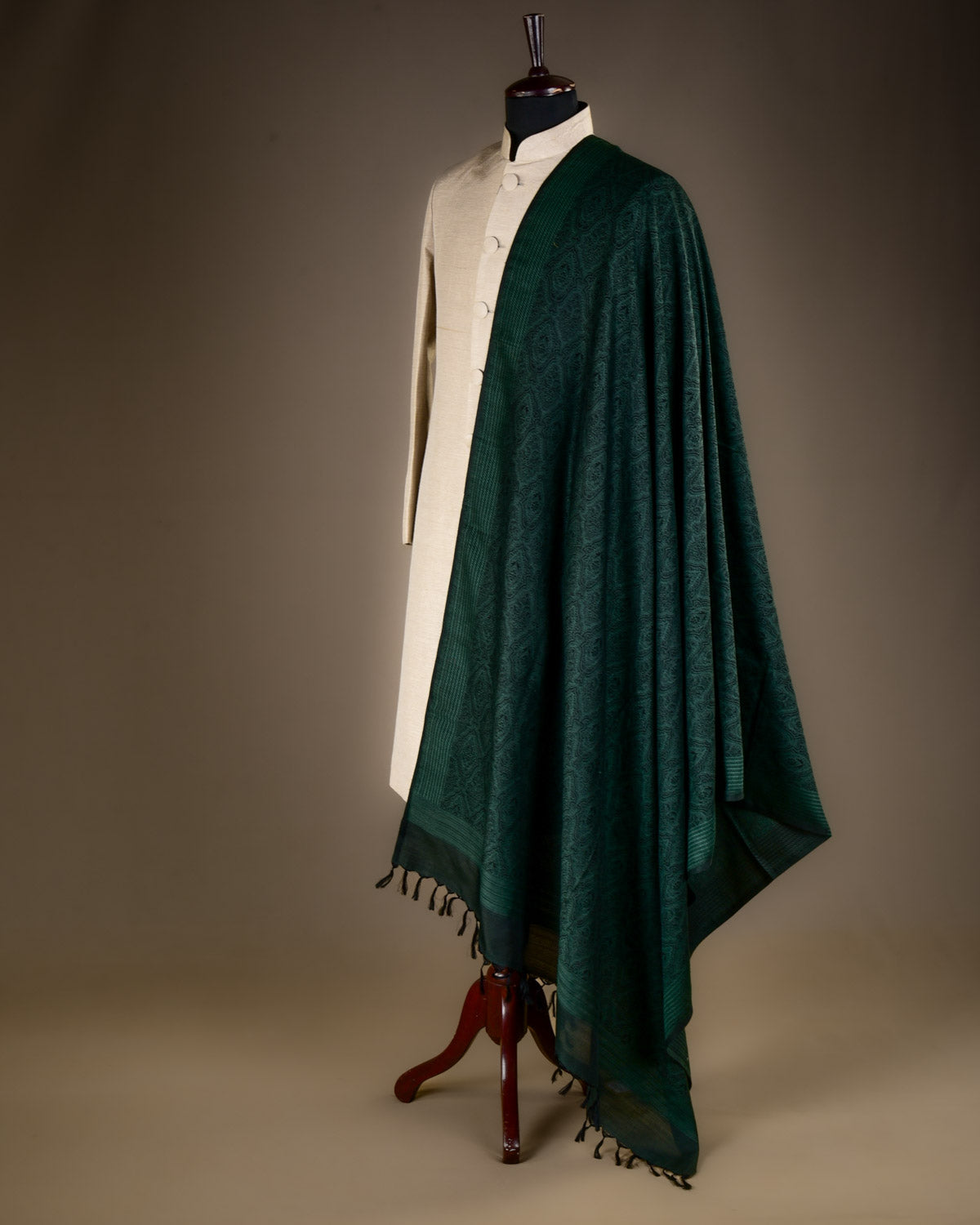 Midnight Green Banarasi Jamawar Handwoven Silk Wool Shawl-HolyWeaves
