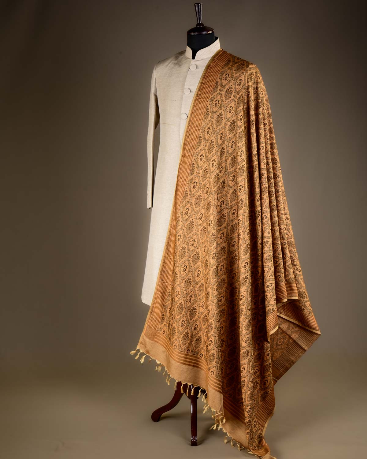 Mustard Yellow Banarasi Jamawar Handwoven Silk Wool Shawl-HolyWeaves