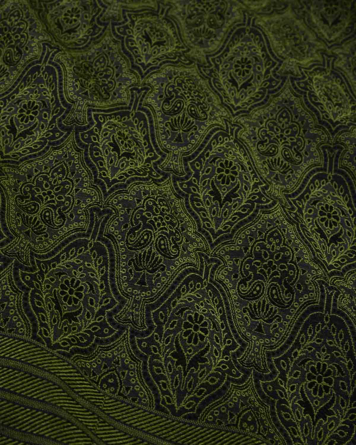 Olive Green Banarasi Jamawar Handwoven Silk Wool Shawl-HolyWeaves