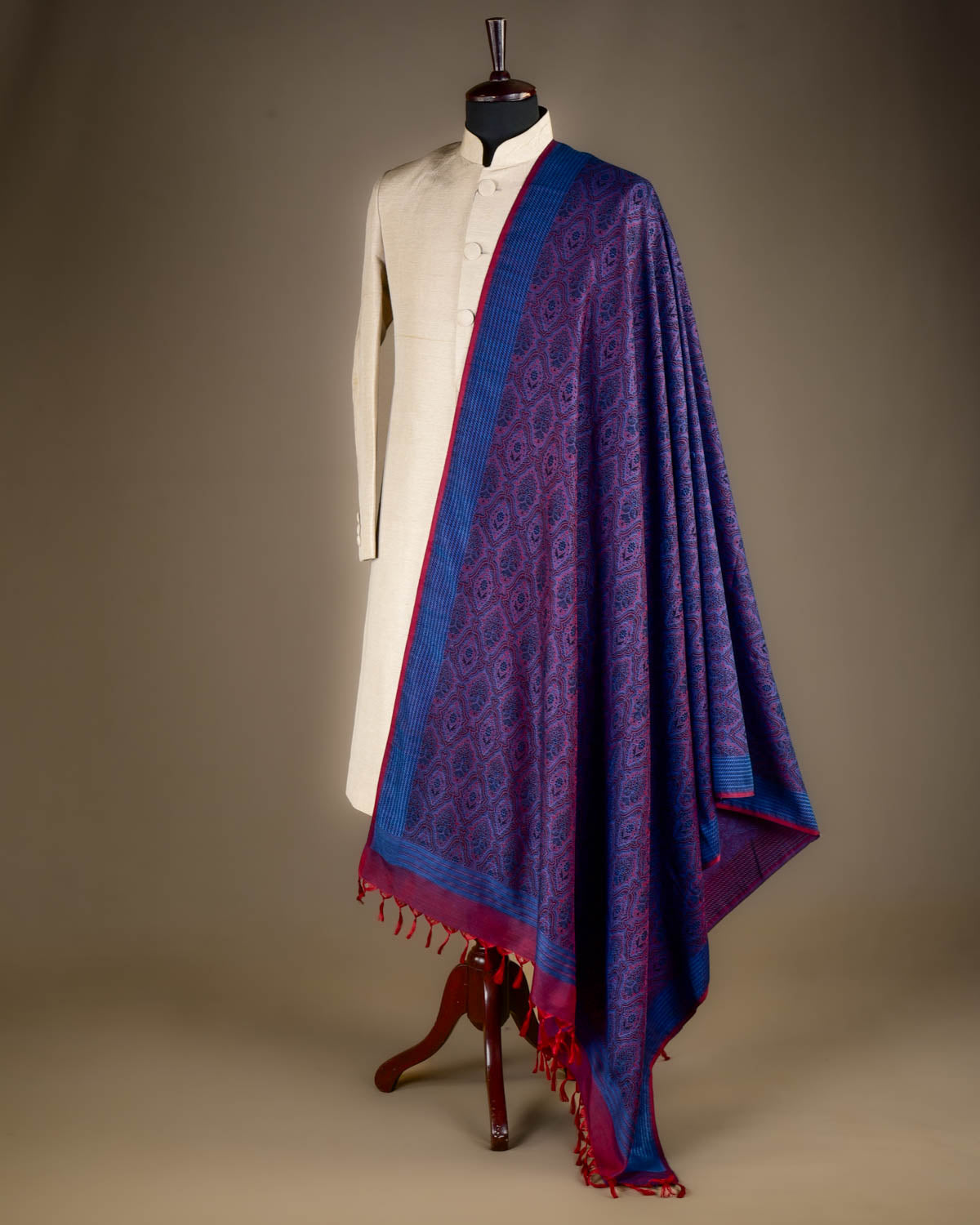 Shot Blue Red Banarasi Jamawar Handwoven Silk Wool Shawl-HolyWeaves
