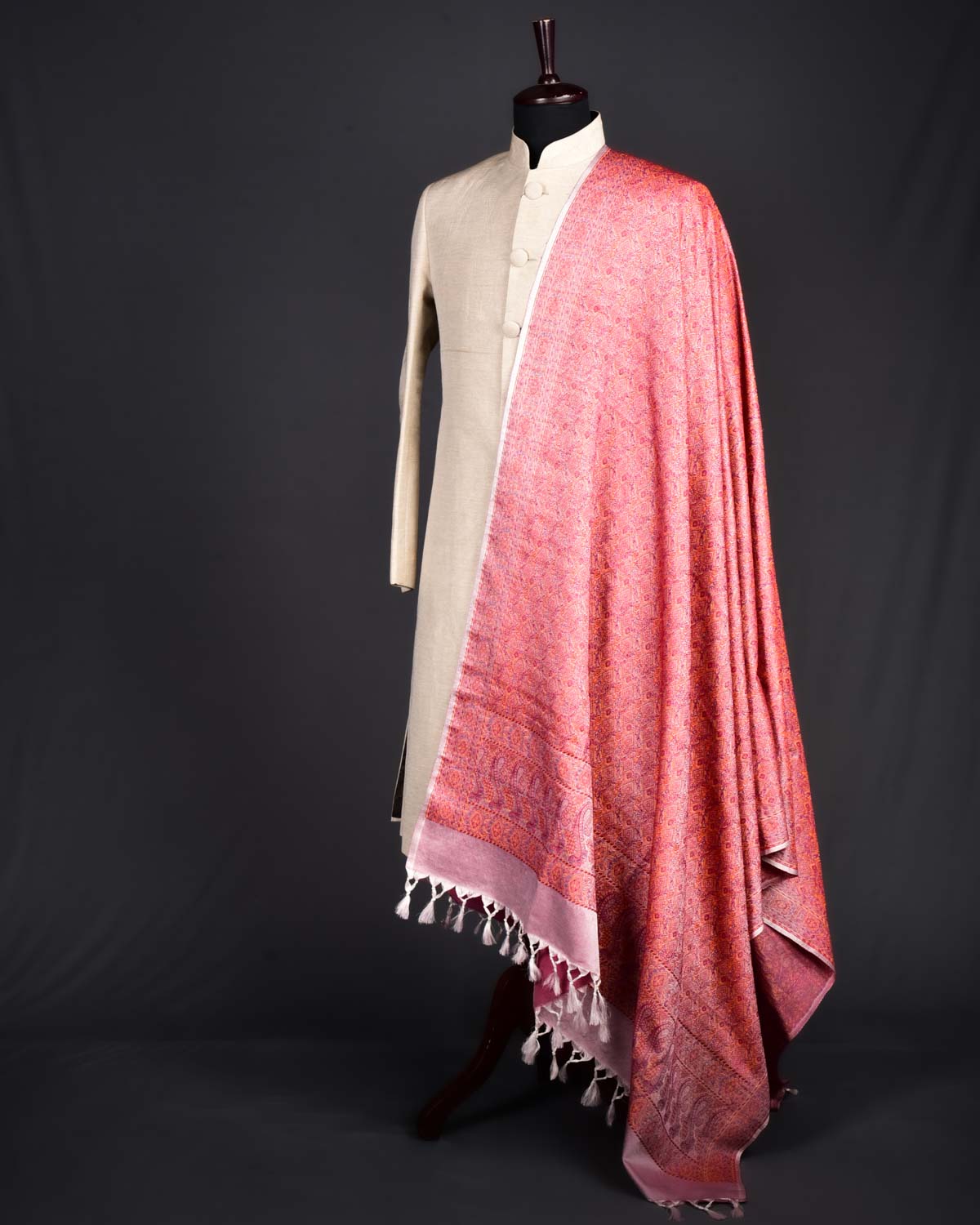 Red on Cream Banarasi Tehra Jamawar Handwoven Silk-Wool Shawl for Mens - By HolyWeaves, Benares