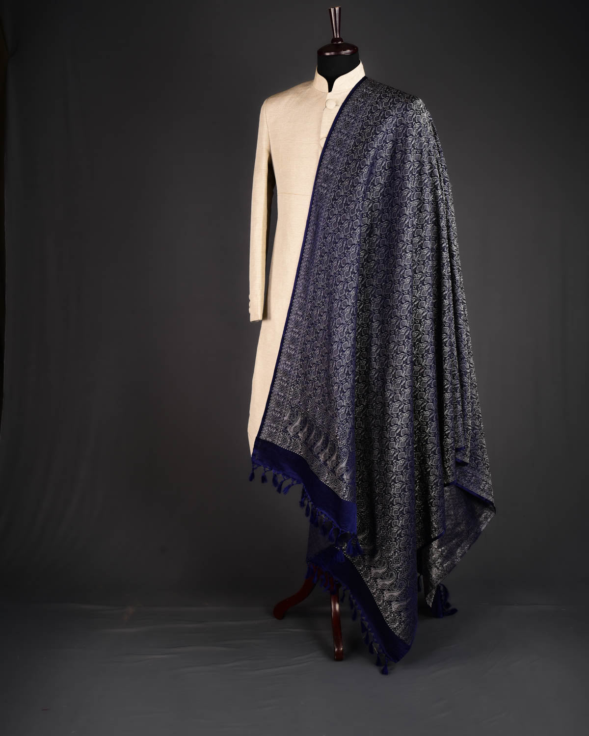 Navy Blue Banarasi Silver Zari Bridal Jamawar Handwoven Silk-Wool Shawl - By HolyWeaves, Benares