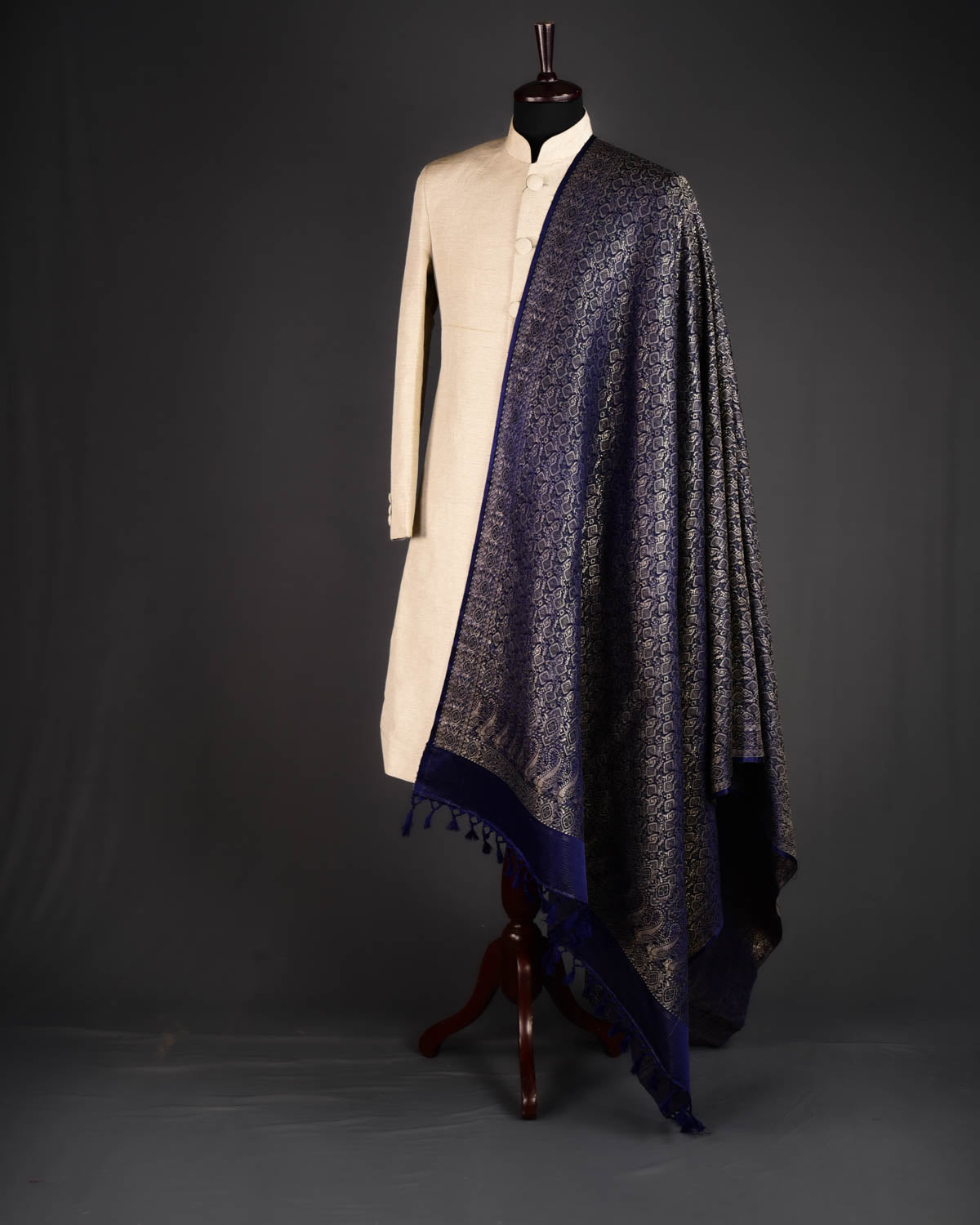 Navy Blue Banarasi Gold Zari Bridal Jamawar Handwoven Silk-Wool Shawl - By HolyWeaves, Benares