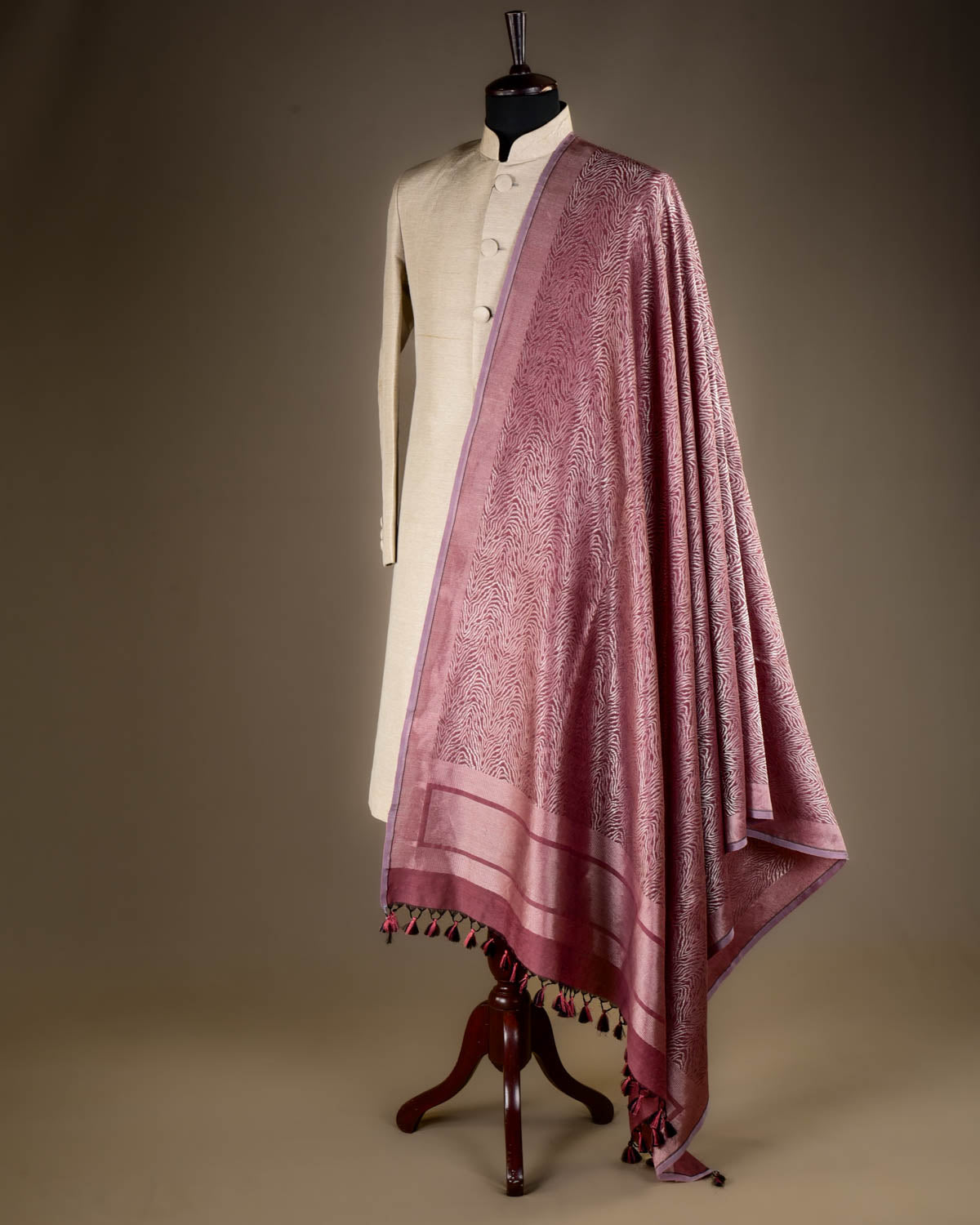 Light Garnet Banarasi Silver Zari Tigress Stripes Brocade Handwoven Silk-Wool Dupatta Shawl-HolyWeaves