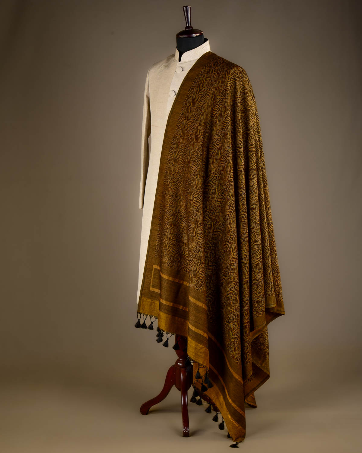 Mustard Black Banarasi Tiger Stripes Brocade Handwoven Silk Wool Shawl-HolyWeaves