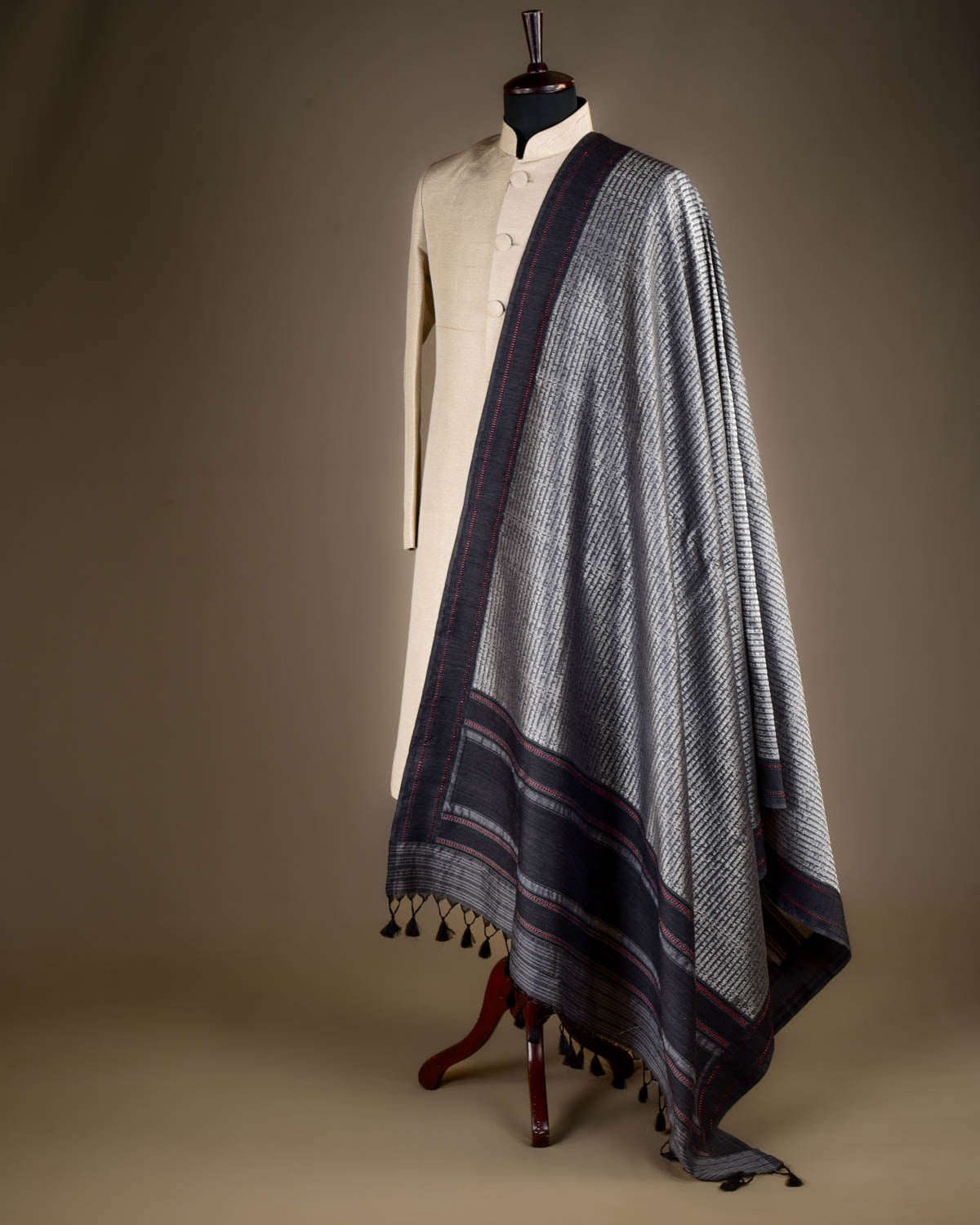 Gray Banarasi Silver Zari Geeta Shlok 2.47 Brocade Handwoven Silk Wool Shawl-HolyWeaves