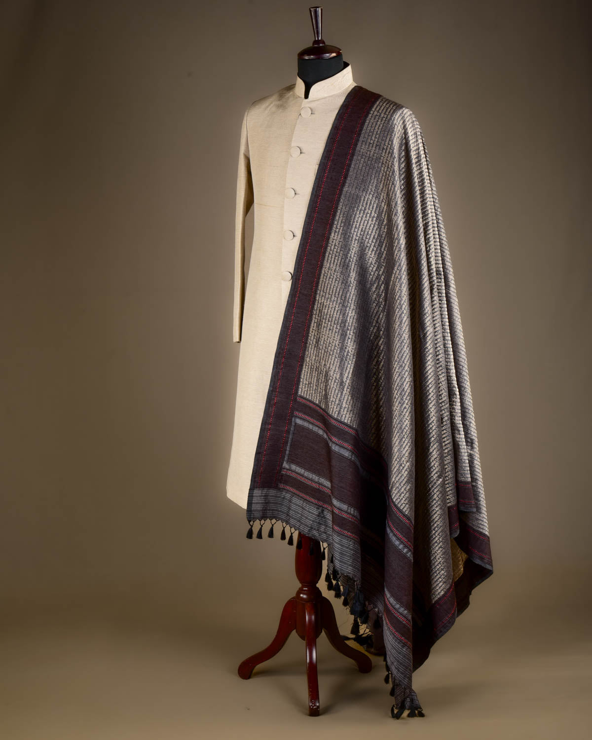 Gray Banarasi Gold Zari Geeta Shlok 2.47 Brocade Handwoven Silk Wool Shawl-HolyWeaves