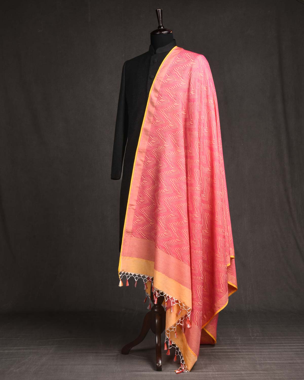 Pink On Yellow Banarasi Contemporary Glitch Chevron Tanchoi Handwoven Silk Wool Shawl-HolyWeaves