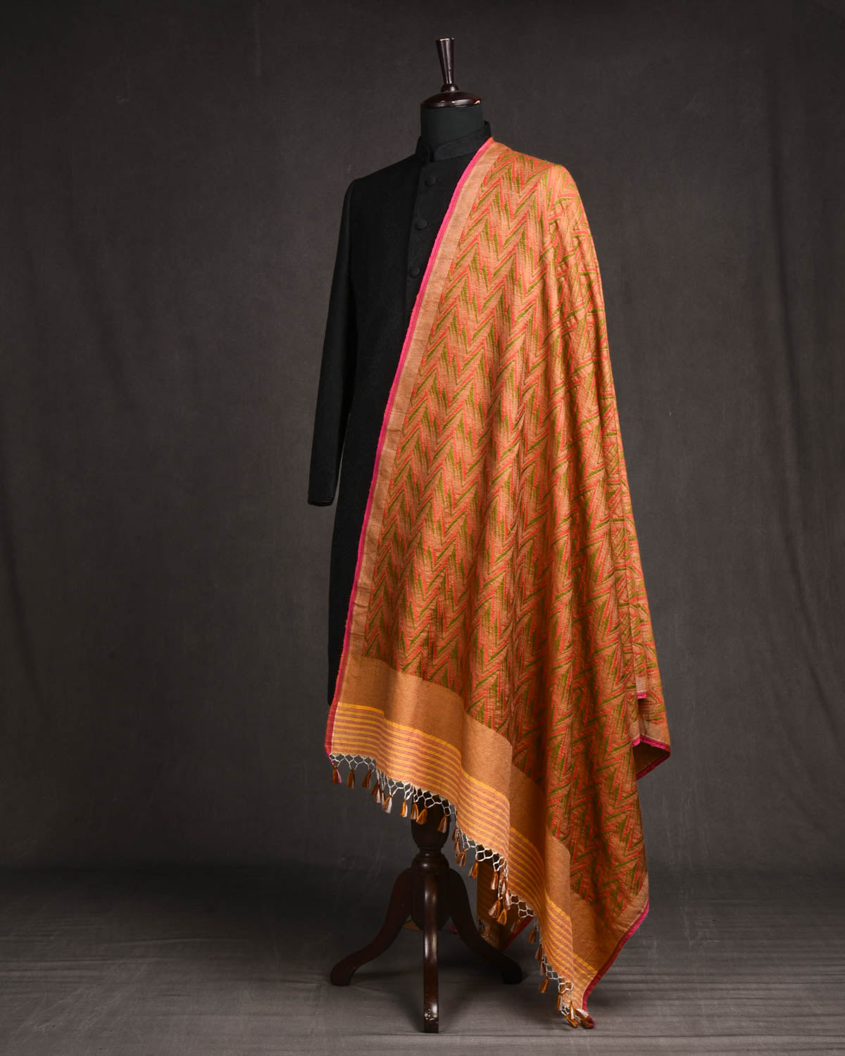 Red-Green Banarasi Contemporary Glitch Chevron Alfi Tanchoi Handwoven Silk Wool Shawl-HolyWeaves
