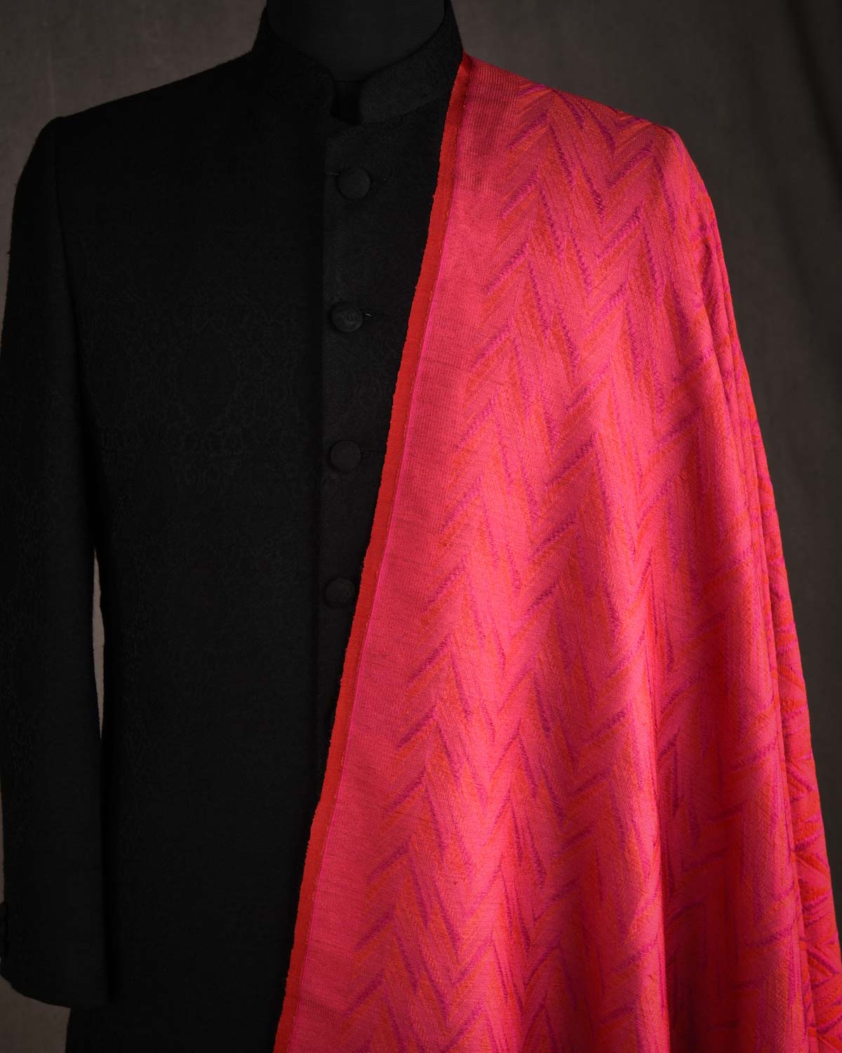 Shot Red-Pink Contemporary Glitch Chevron Tanchoi Handwoven Silk Wool Unisex Dress Shawl-HolyWeaves