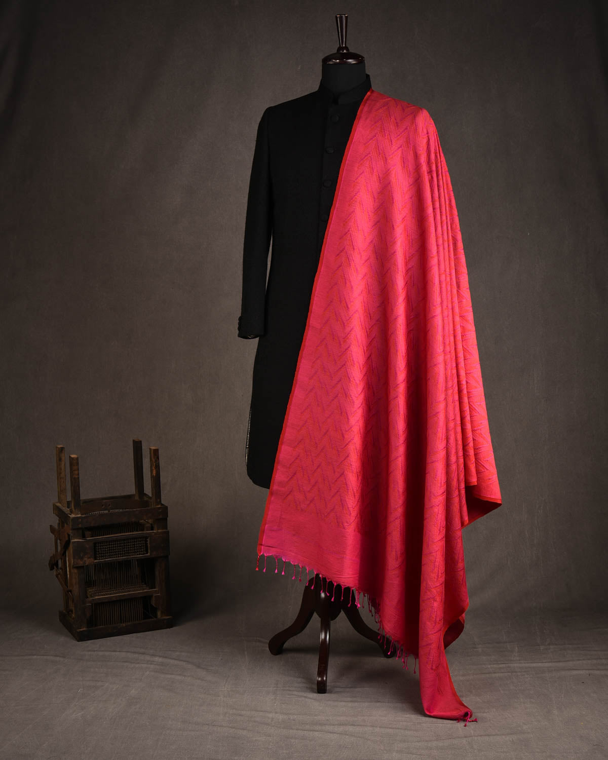 Shot Red-Pink Contemporary Glitch Chevron Tanchoi Handwoven Silk Wool Unisex Dress Shawl-HolyWeaves