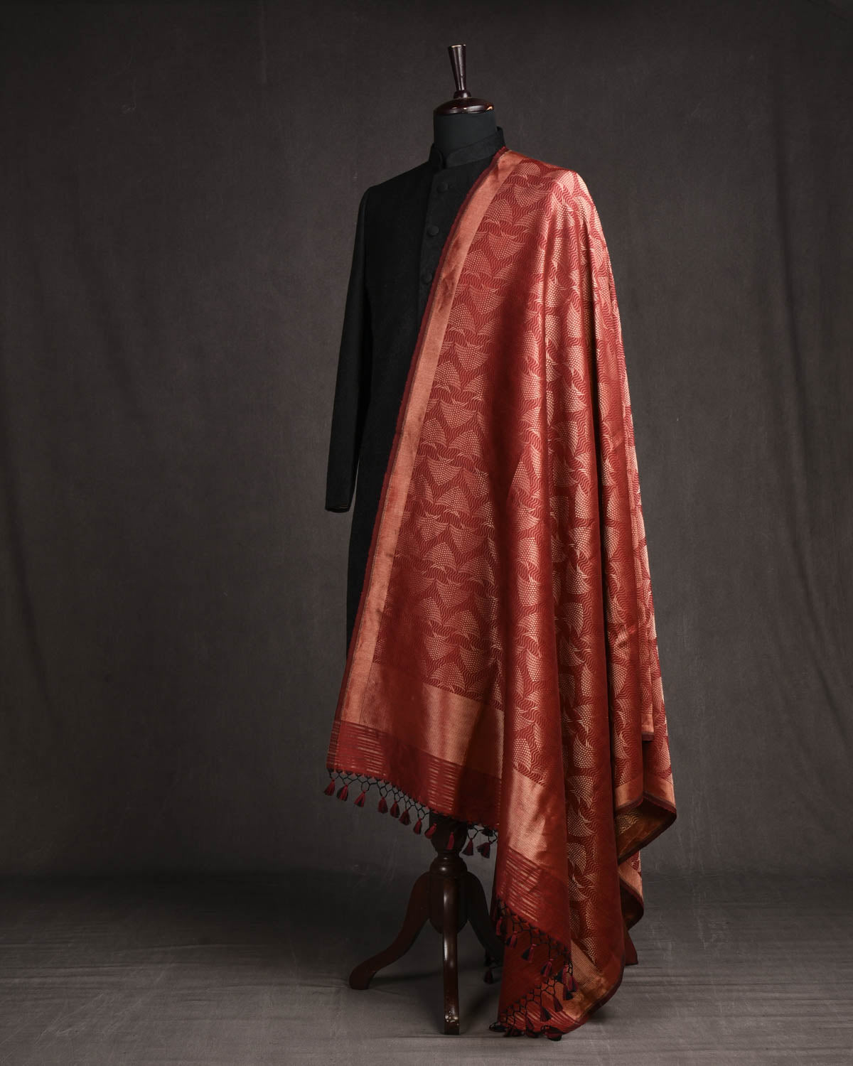 Maroon Banarasi Oceanic Pisces Gold Zari Brocade Handwoven Silk Wool Shawl-HolyWeaves