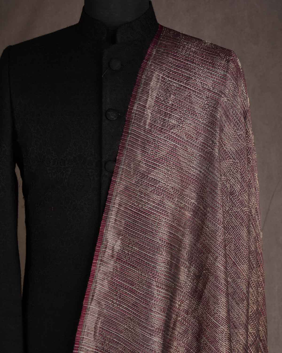 Variegated Maroon Oceanic Pisces Gold Zari Brocade Handwoven Silk Wool Unisex Dress Shawl-HolyWeaves