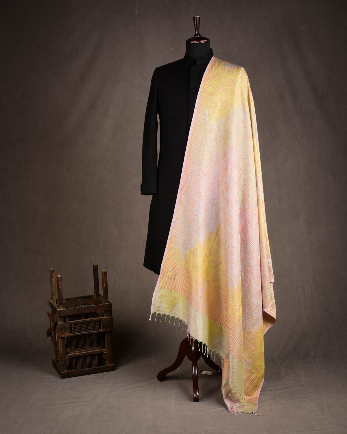 Ombre Metallic Multi-color Oceanic Pisces Gold Zari Brocade Handwoven Silk Wool Unisex Dress Shawl-HolyWeaves