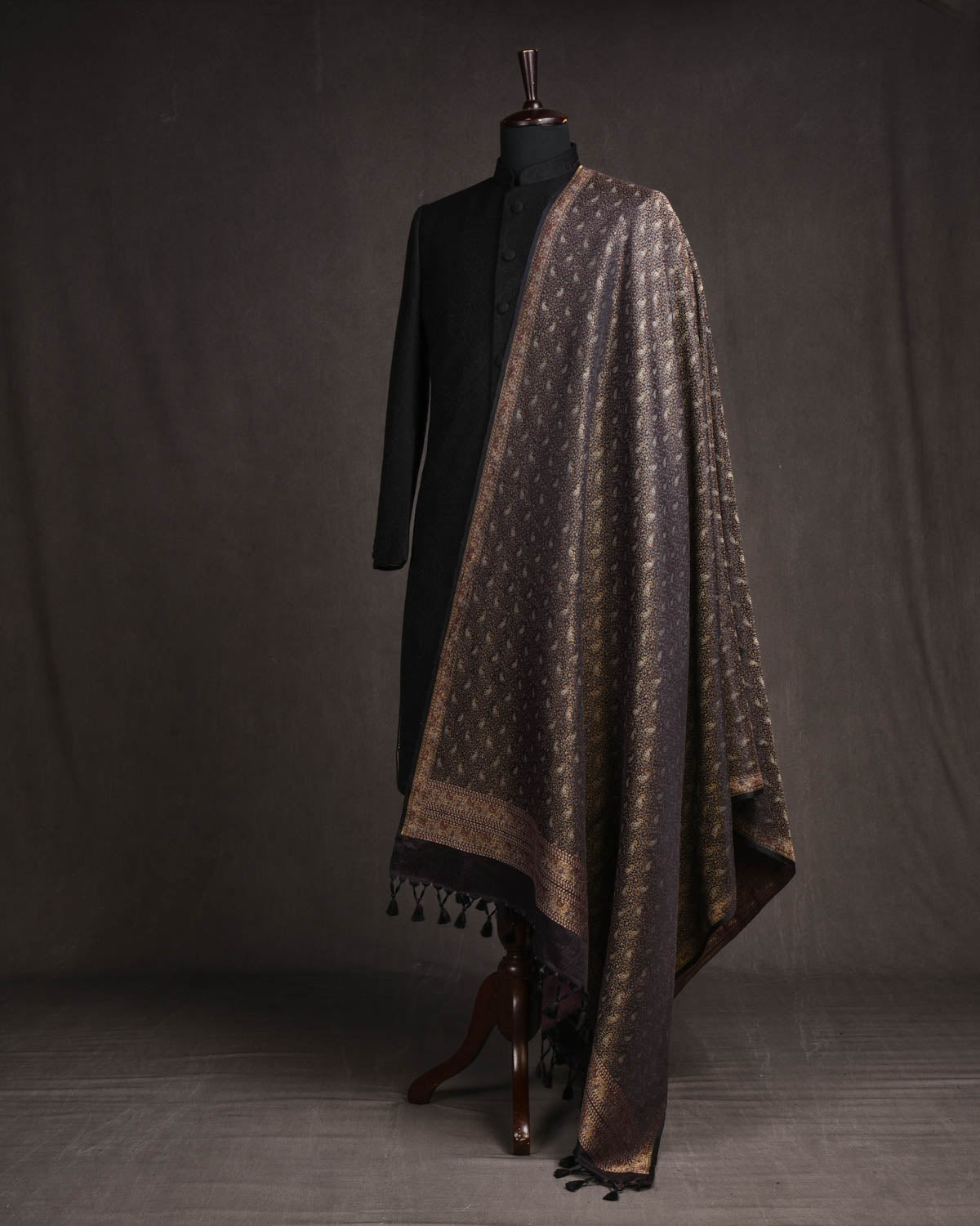 Black Banarasi Gold Maroon & Gray Tehri Paisley Jamawar Brocade Handwoven Silk Wool Shawl-HolyWeaves