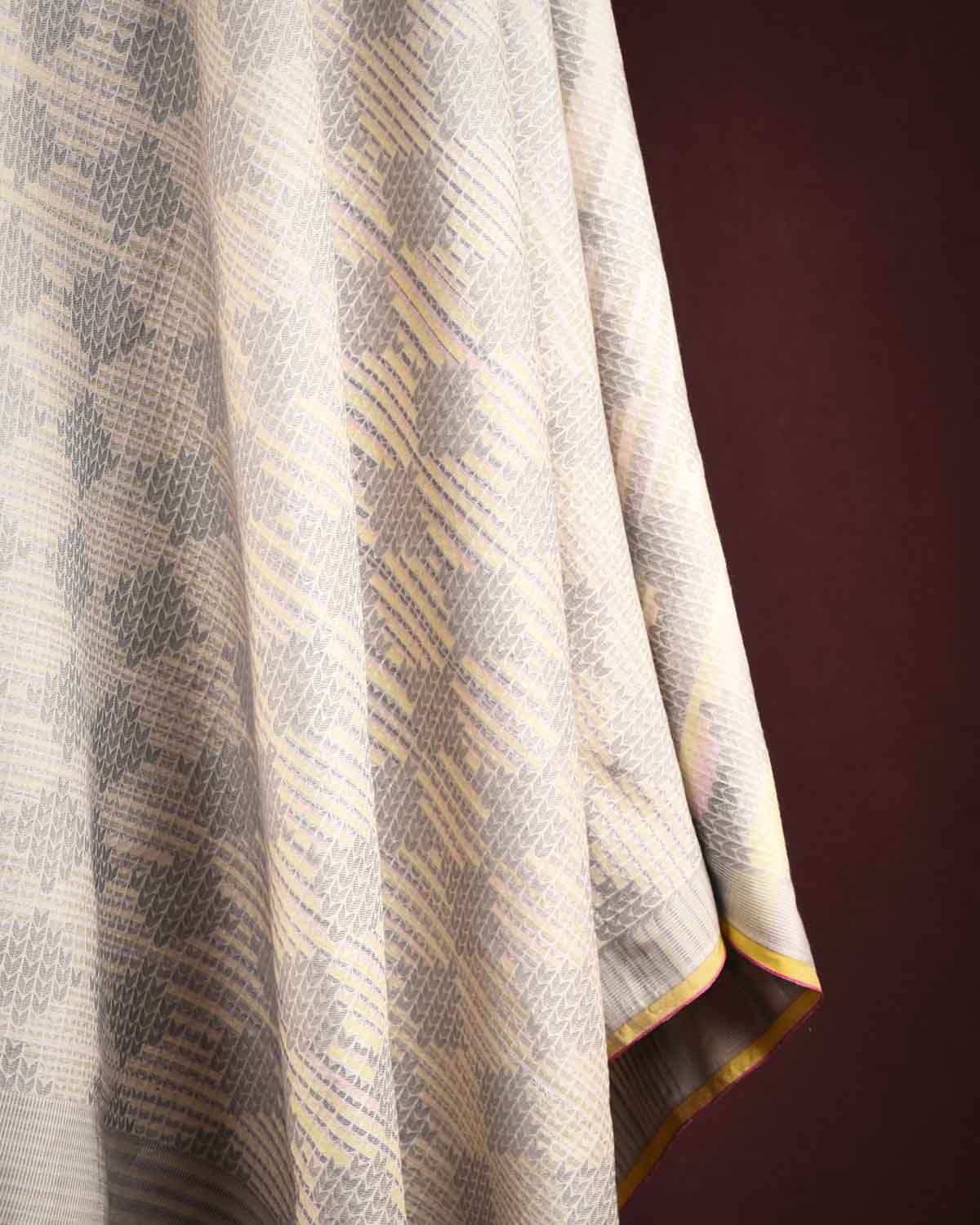 Variegated Metallic Ivory White Herringbone Brocade Handwoven Silk Wool Unisex Dress Shawl-HolyWeaves