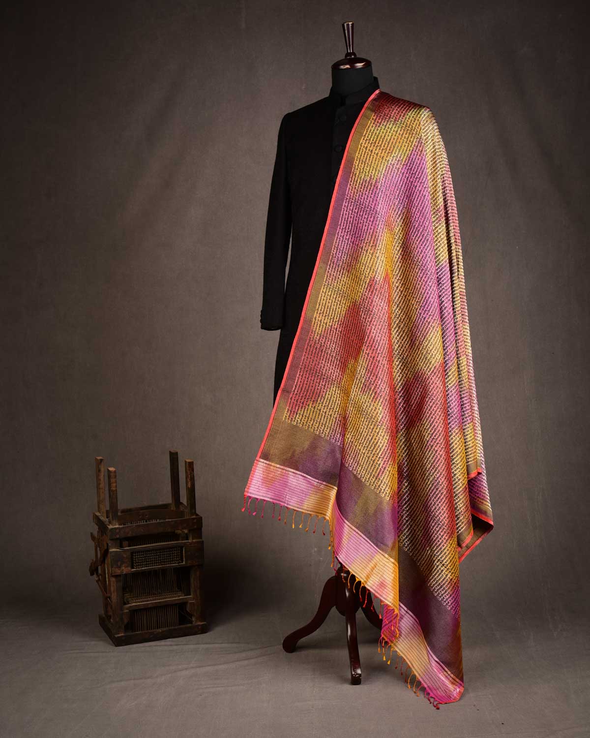 Ombre Metallic Multi-color Silver Zari Geeta Shlok 2.47 Brocade Handwoven Silk Wool Unisex Dress Shawl-HolyWeaves