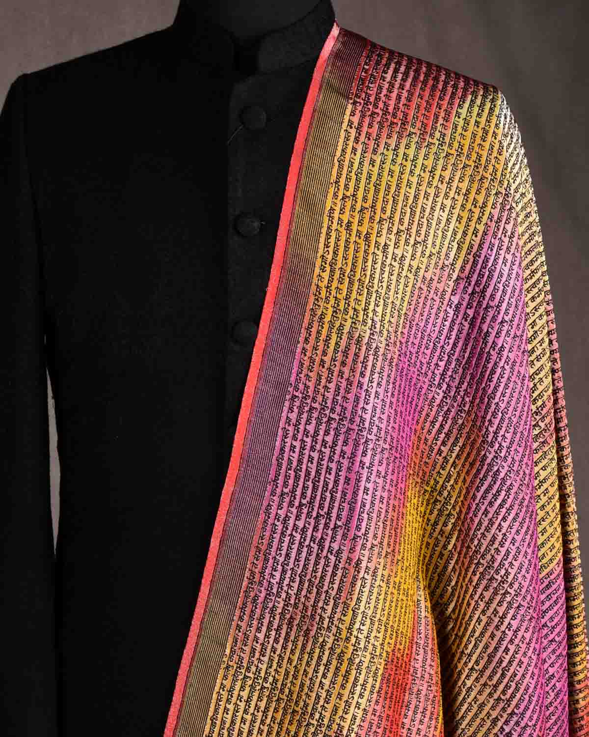 Ombre Metallic Multi-color Silver Zari Geeta Shlok 2.47 Brocade Handwoven Silk Wool Unisex Dress Shawl-HolyWeaves