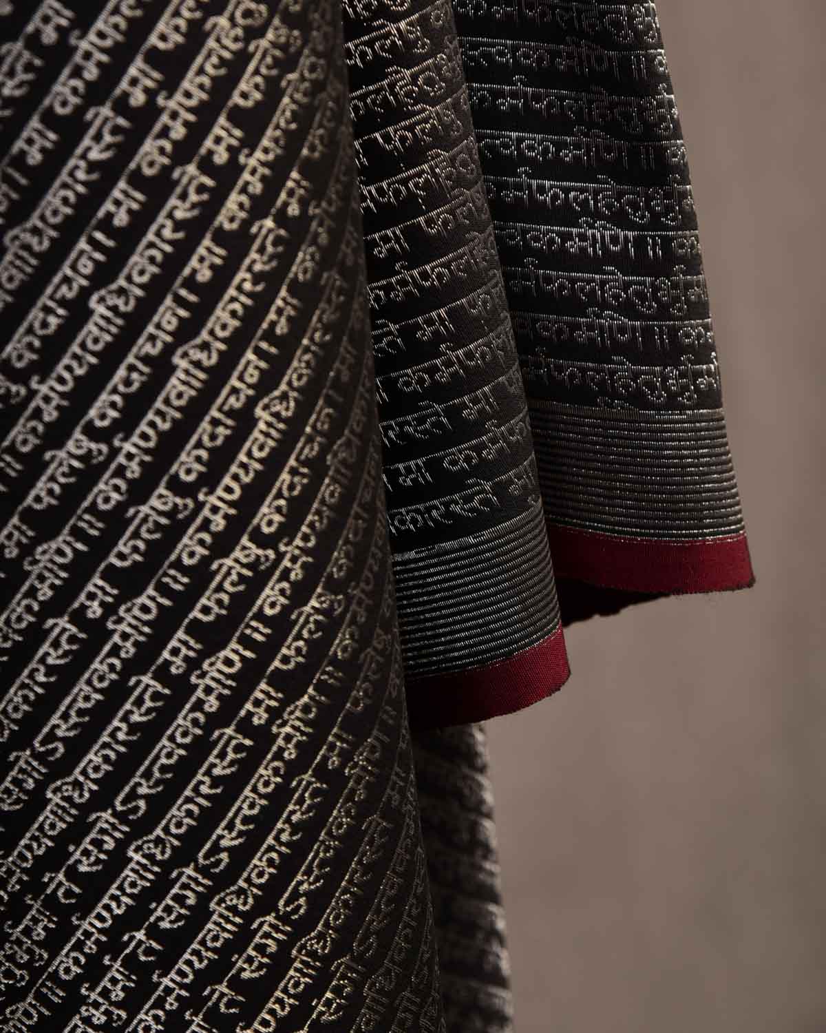 Black Silver Zari Geeta Shlok 2.47 Brocade Handwoven Silk Wool Unisex Dress Shawl-HolyWeaves