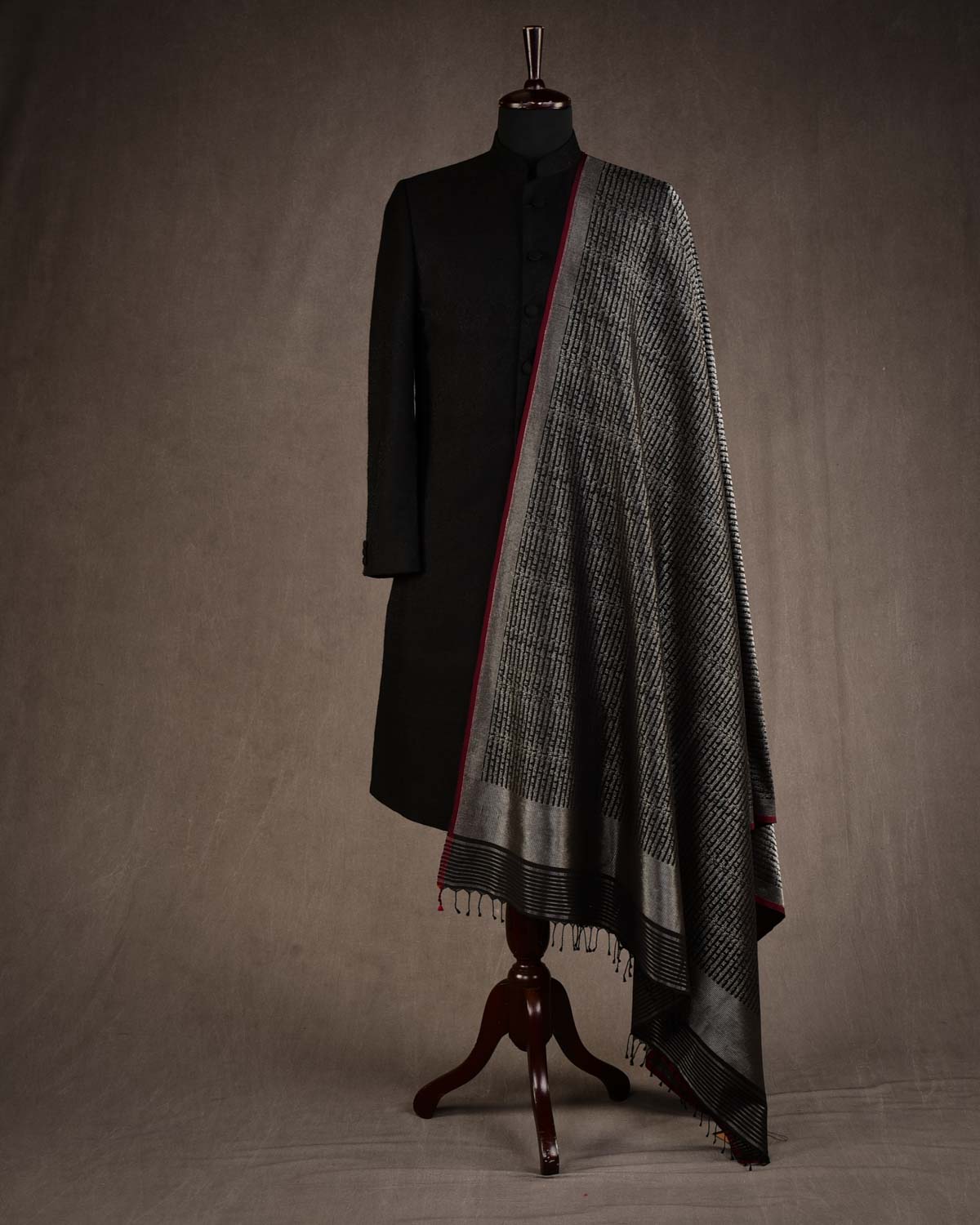 Black Silver Zari Geeta Shlok 2.47 Brocade Handwoven Silk Wool Unisex Dress Shawl-HolyWeaves