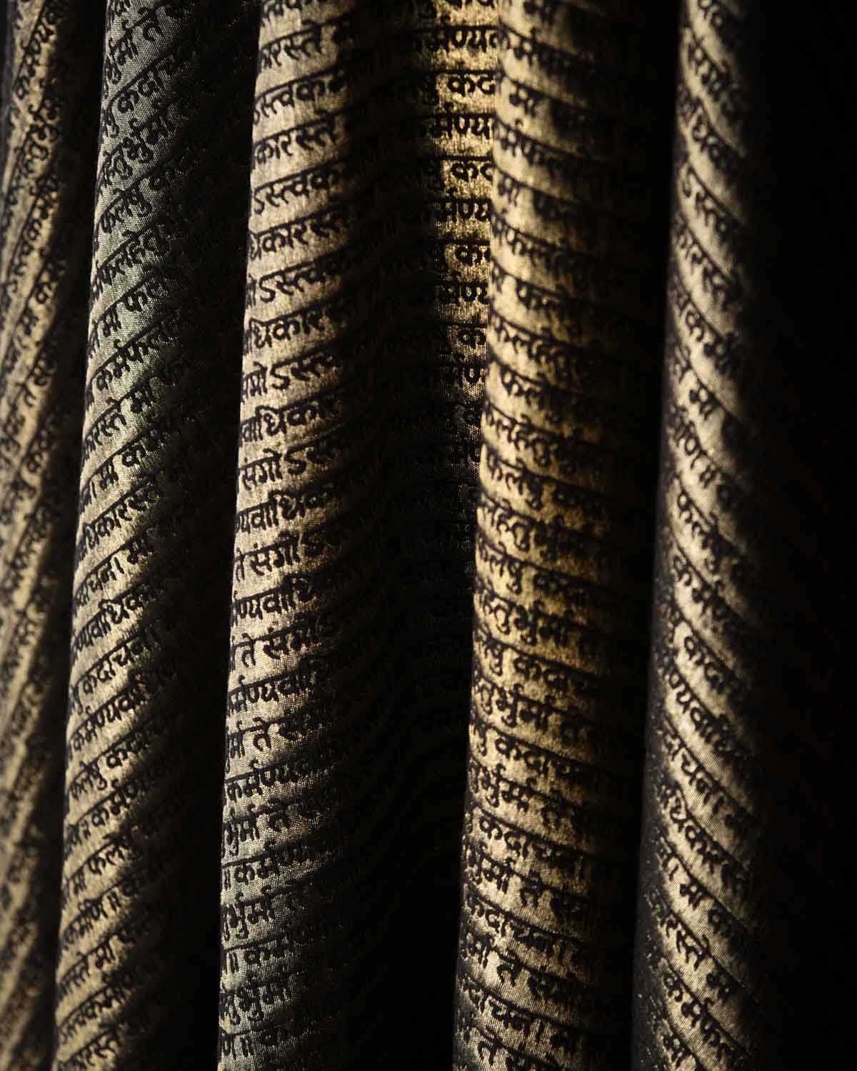 Metallic Black Gold Zari Geeta Shlok 2.47 Brocade Handwoven Silk Wool Unisex Dress Shawl-HolyWeaves