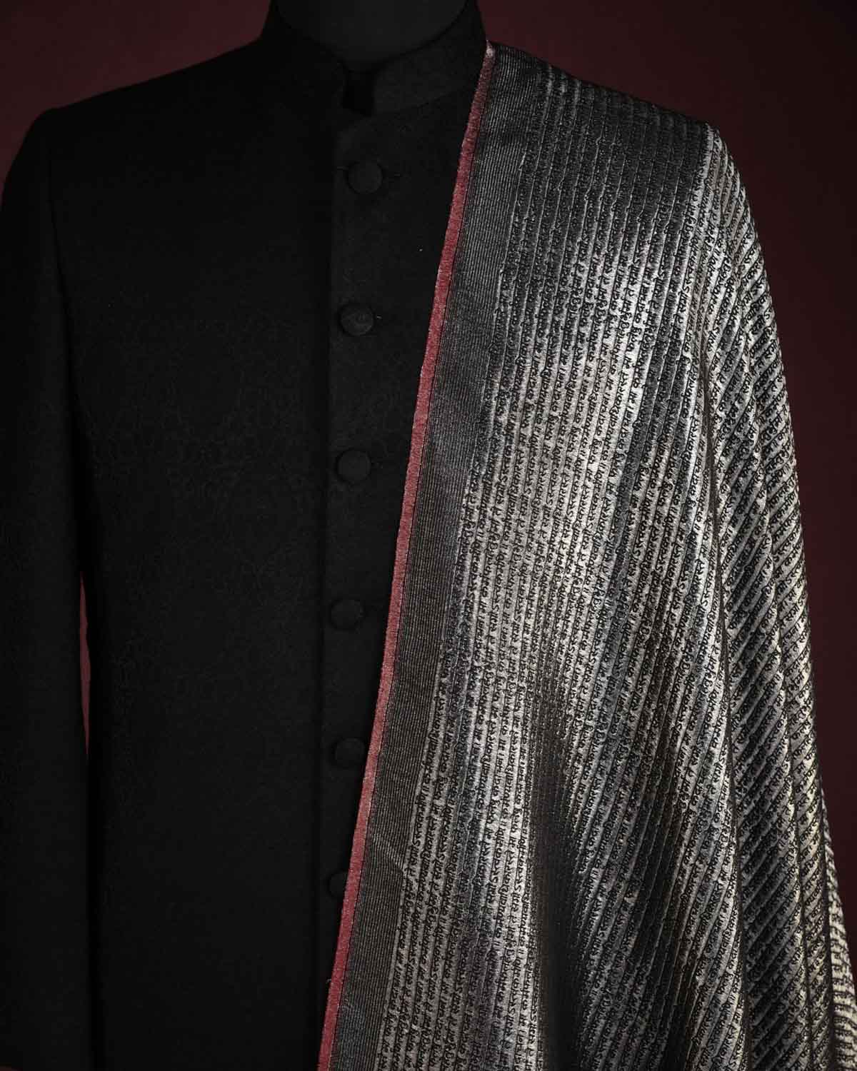 Metallic Black Silver Zari Geeta Shlok 2.47 Brocade Handwoven Silk Wool Unisex Dress Shawl-HolyWeaves