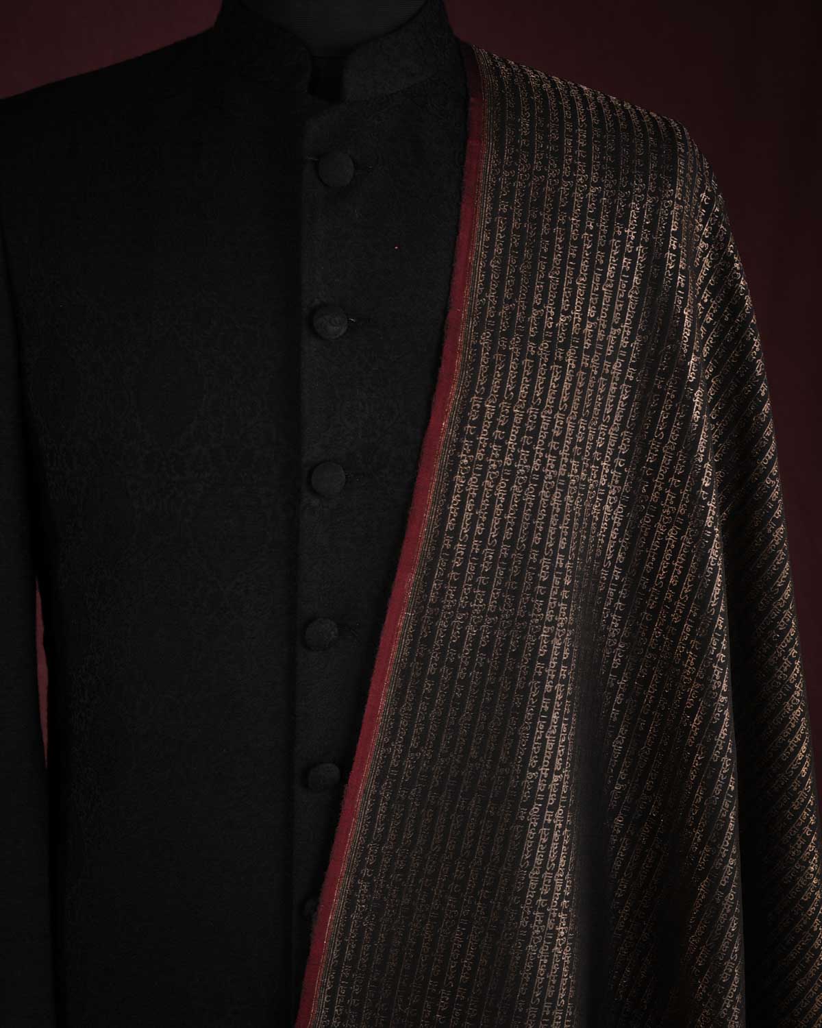 Black Antique Zari Geeta Shlok 2.47 Brocade Handwoven Silk Wool Unisex Dress Shawl-HolyWeaves