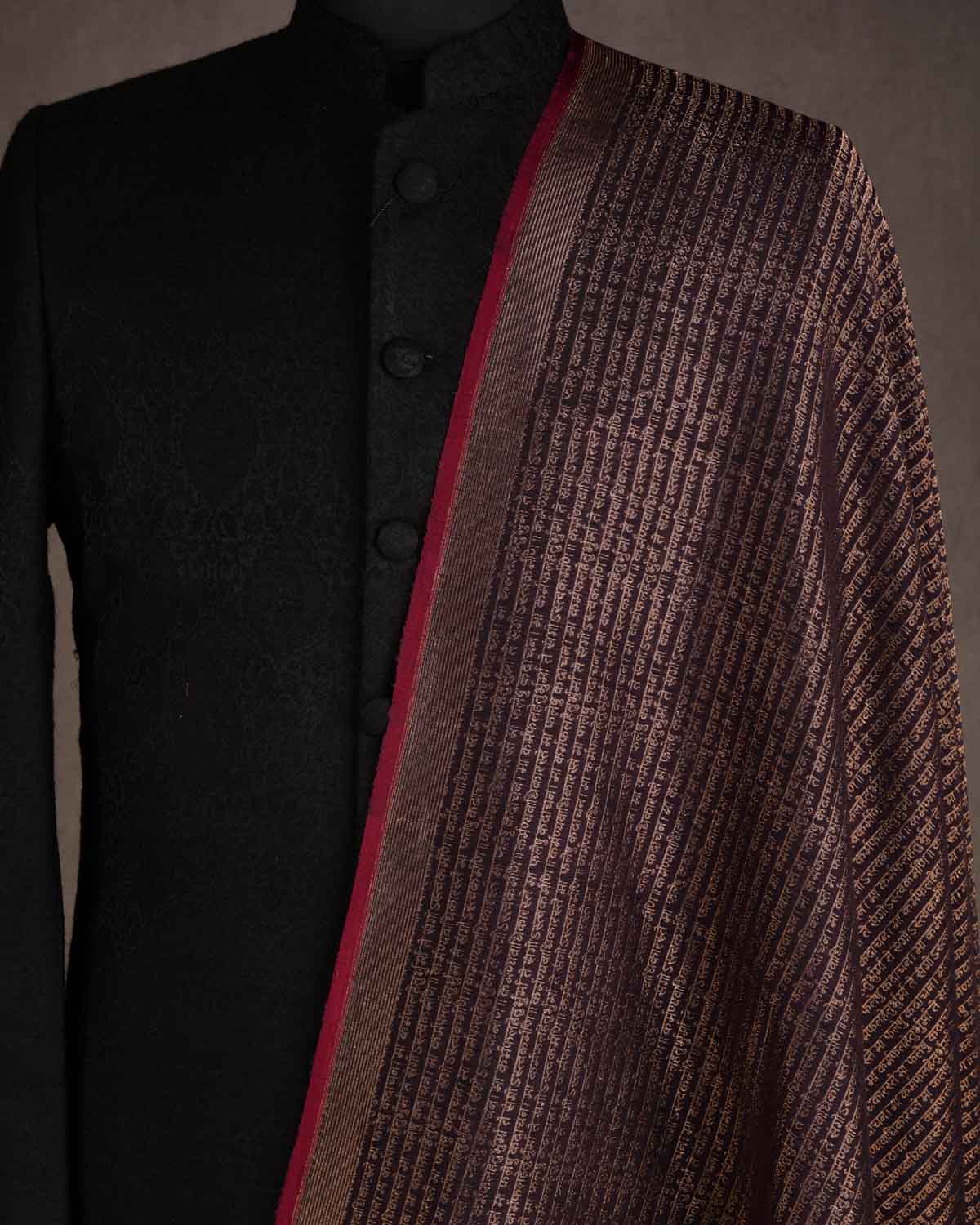 Black Coffee Brown Antique Zari Geeta Shlok 2.47 Brocade Handwoven Silk Wool Unisex Dress Shawl-HolyWeaves