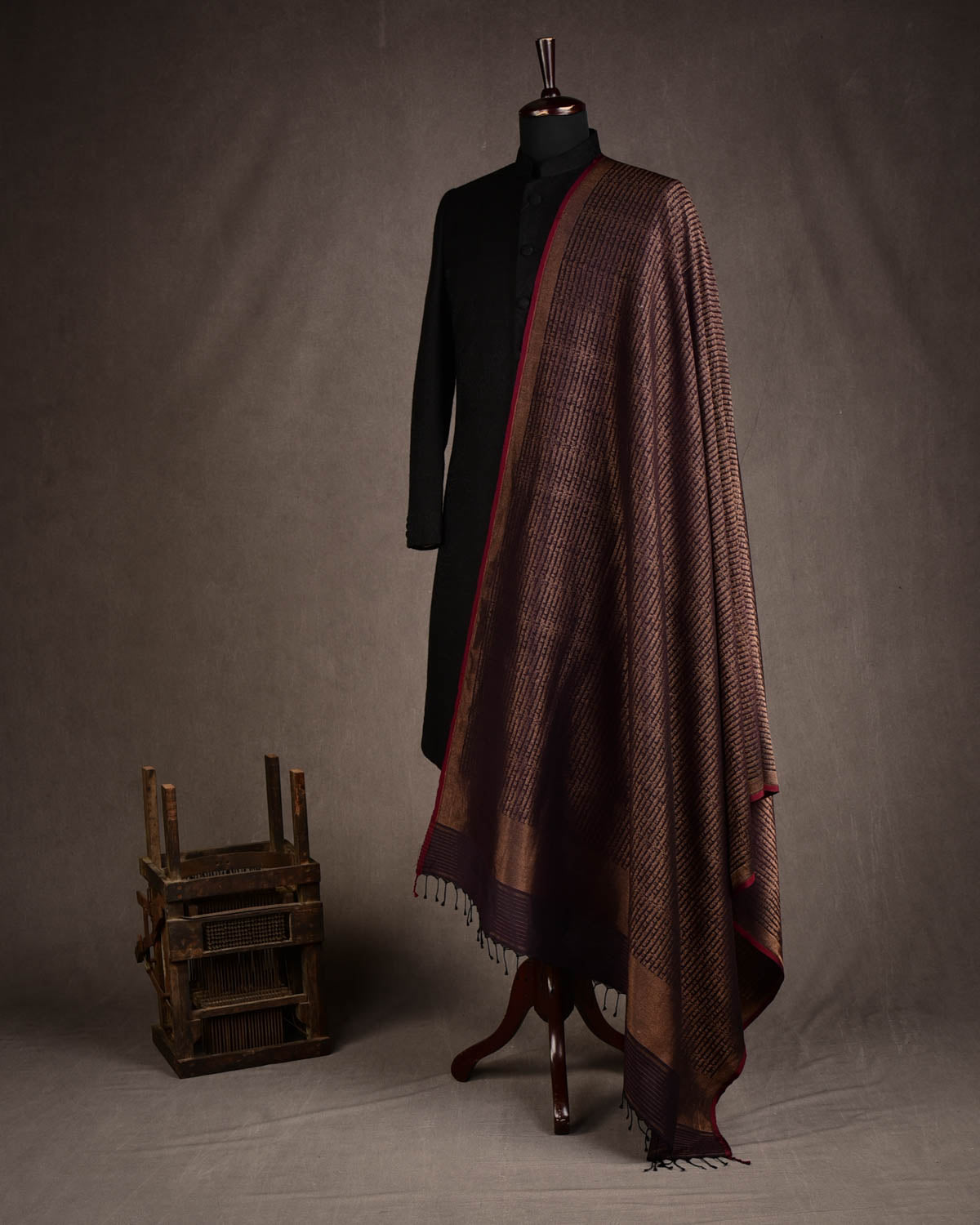 Black Coffee Brown Antique Zari Geeta Shlok 2.47 Brocade Handwoven Silk Wool Unisex Dress Shawl-HolyWeaves