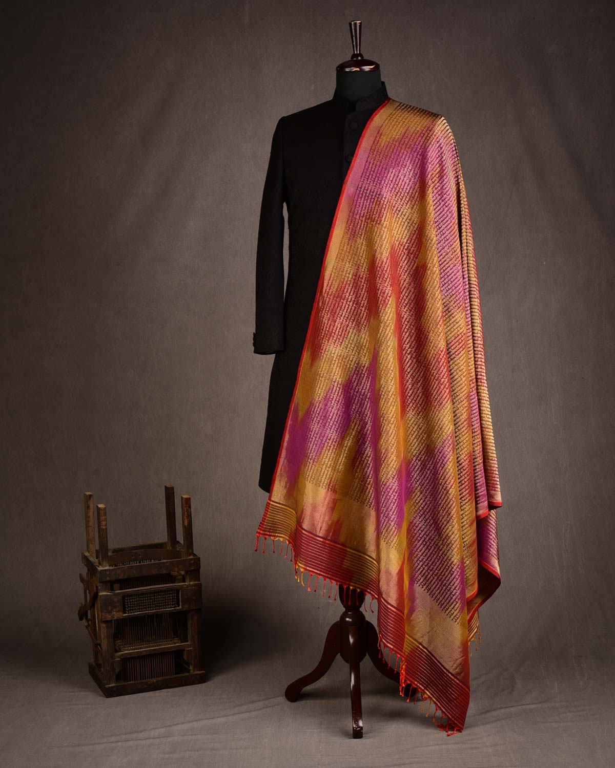 Ombre Multi-color Antique Zari Geeta Shlok 2.47 Brocade Handwoven Silk Wool Unisex Dress Shawl-HolyWeaves